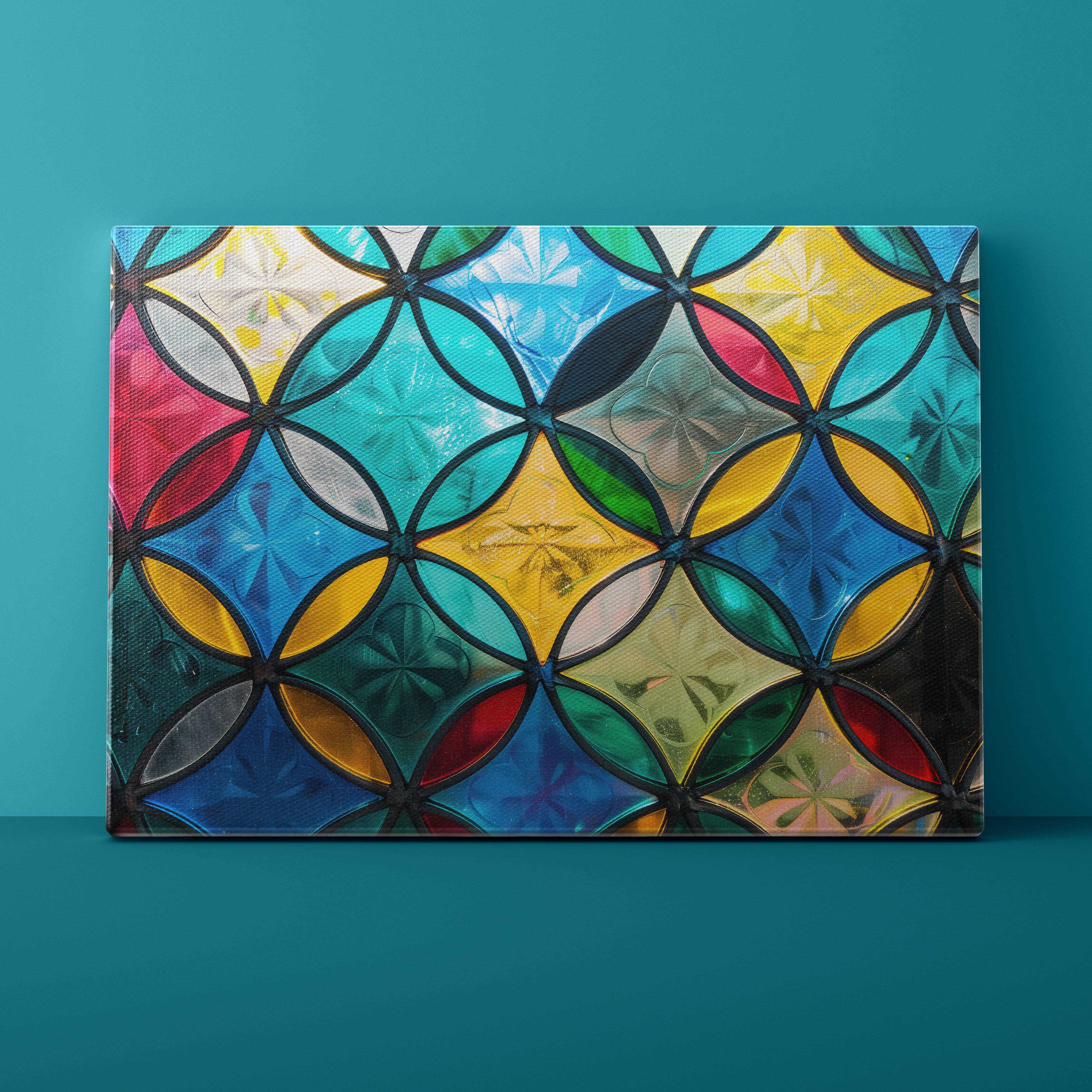 Colorful geometric patterned artwork on a teal background