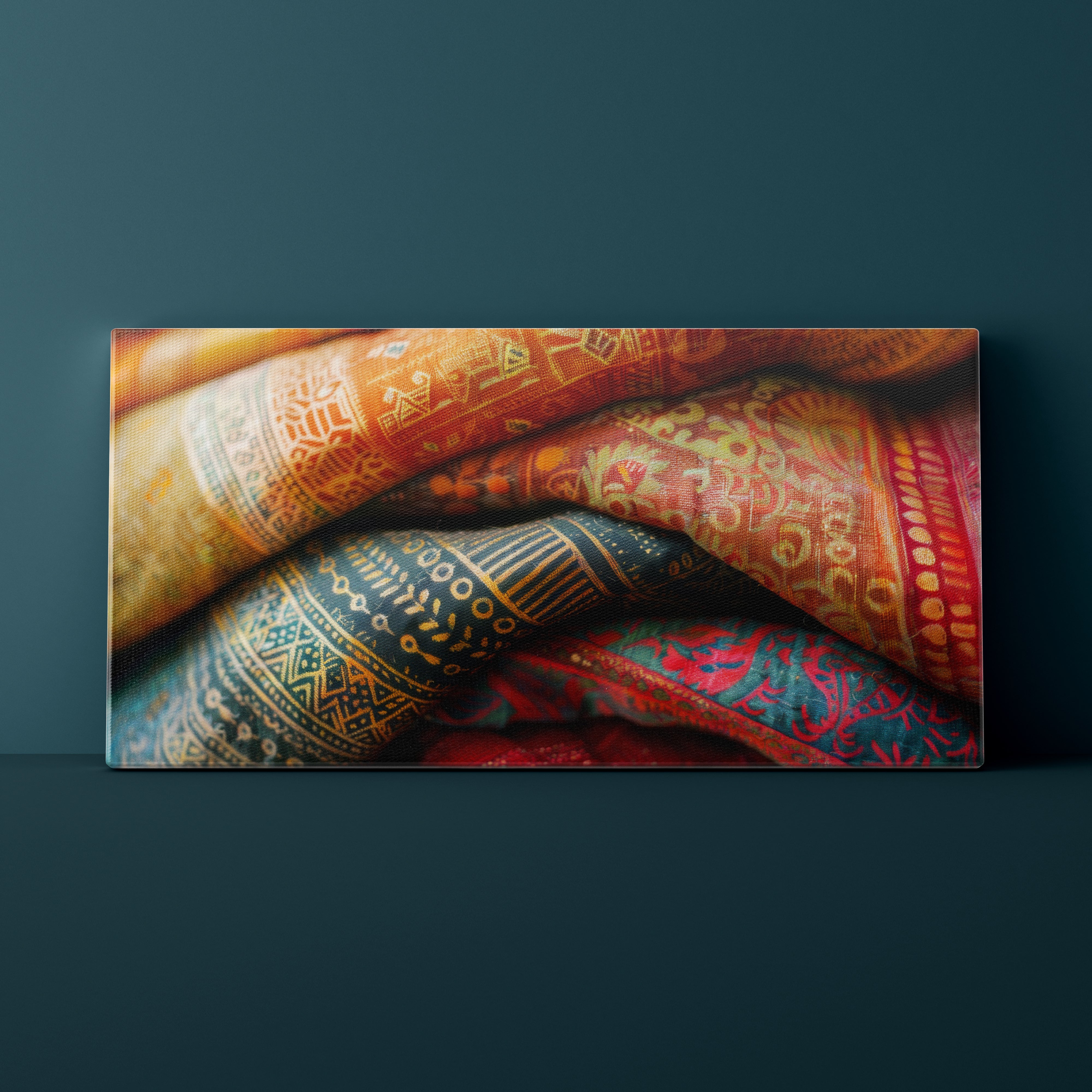 Stack of patterned cloths on a dark background