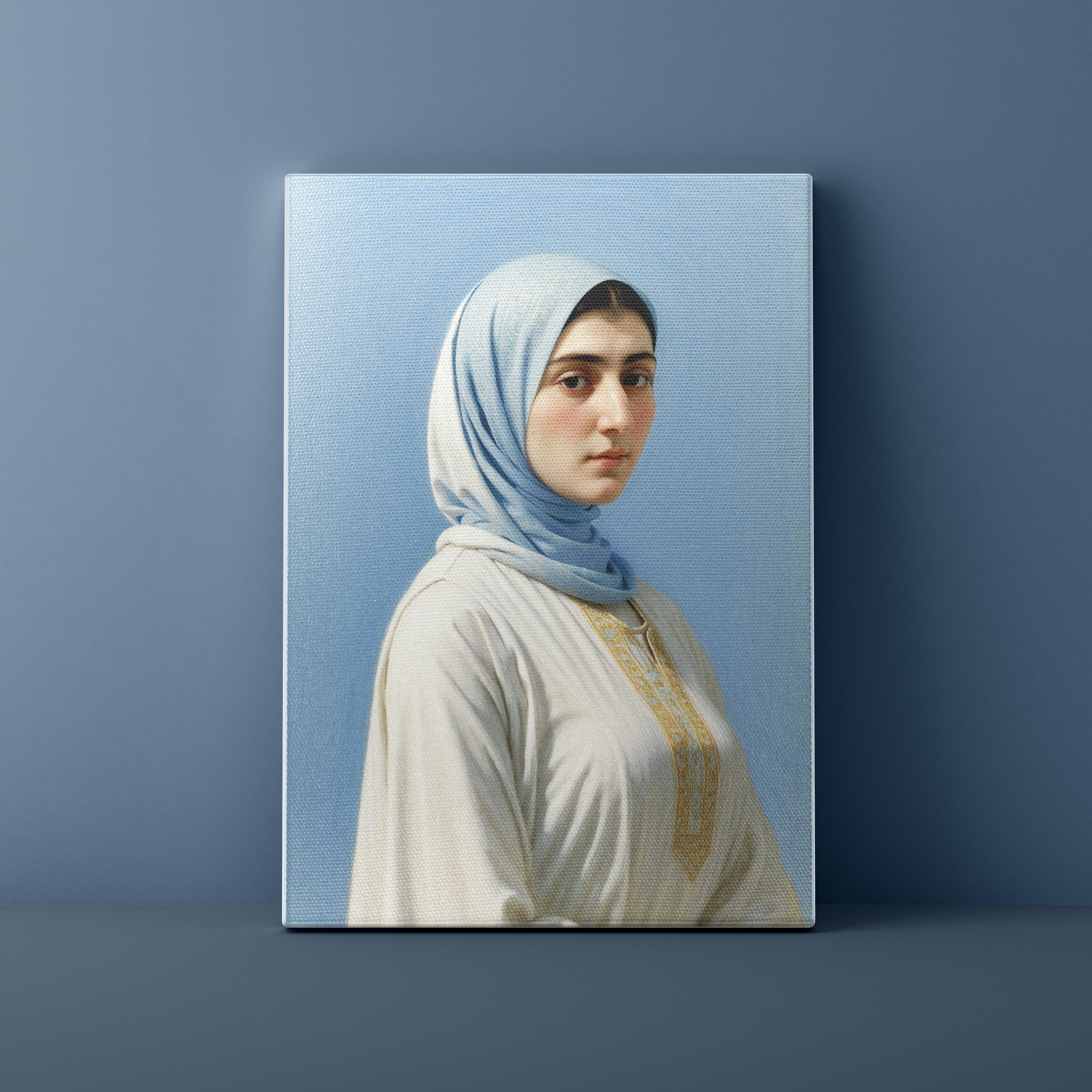 Canvas print of a woman wearing a hijab on a blue background