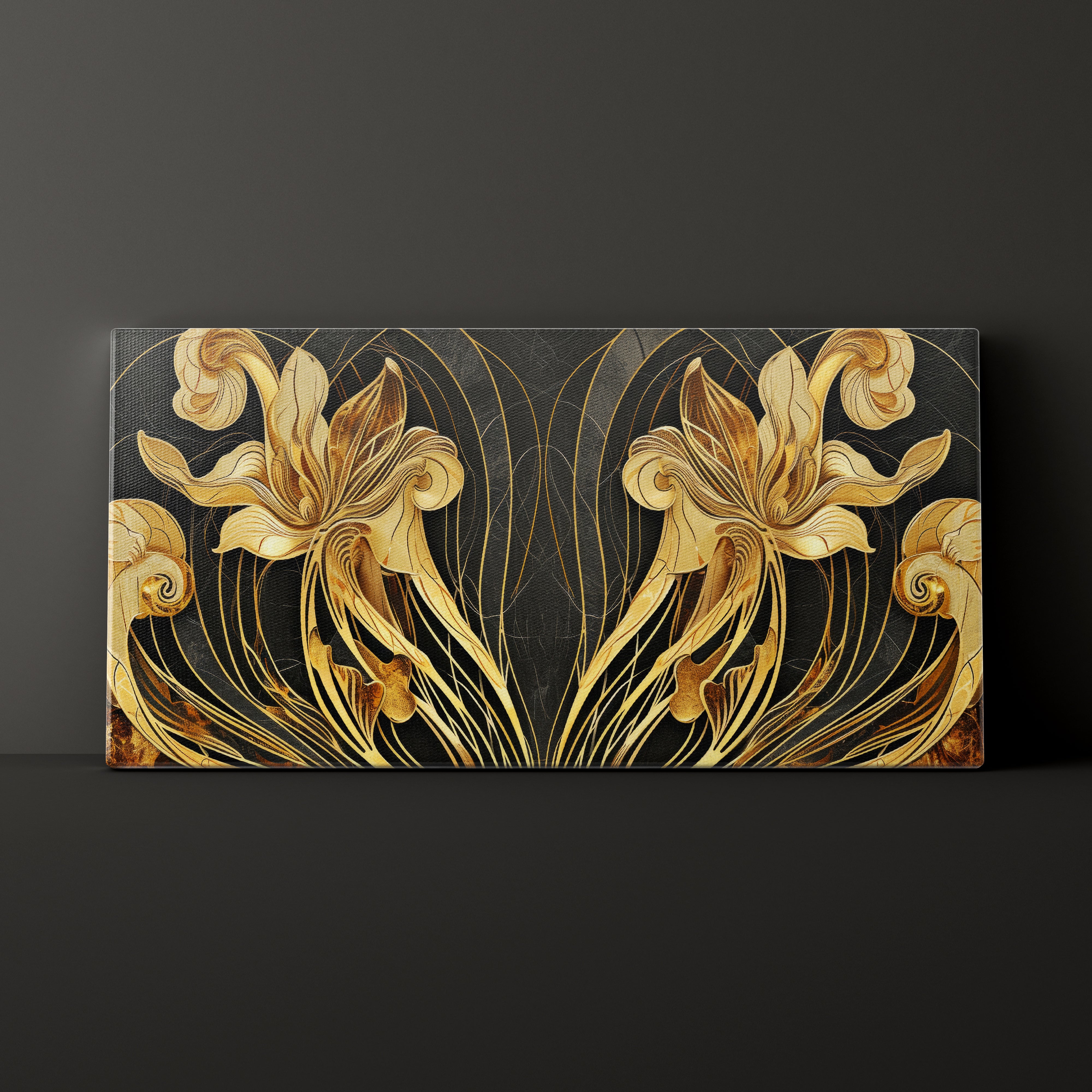 Decorative panel with gold floral design on a dark background