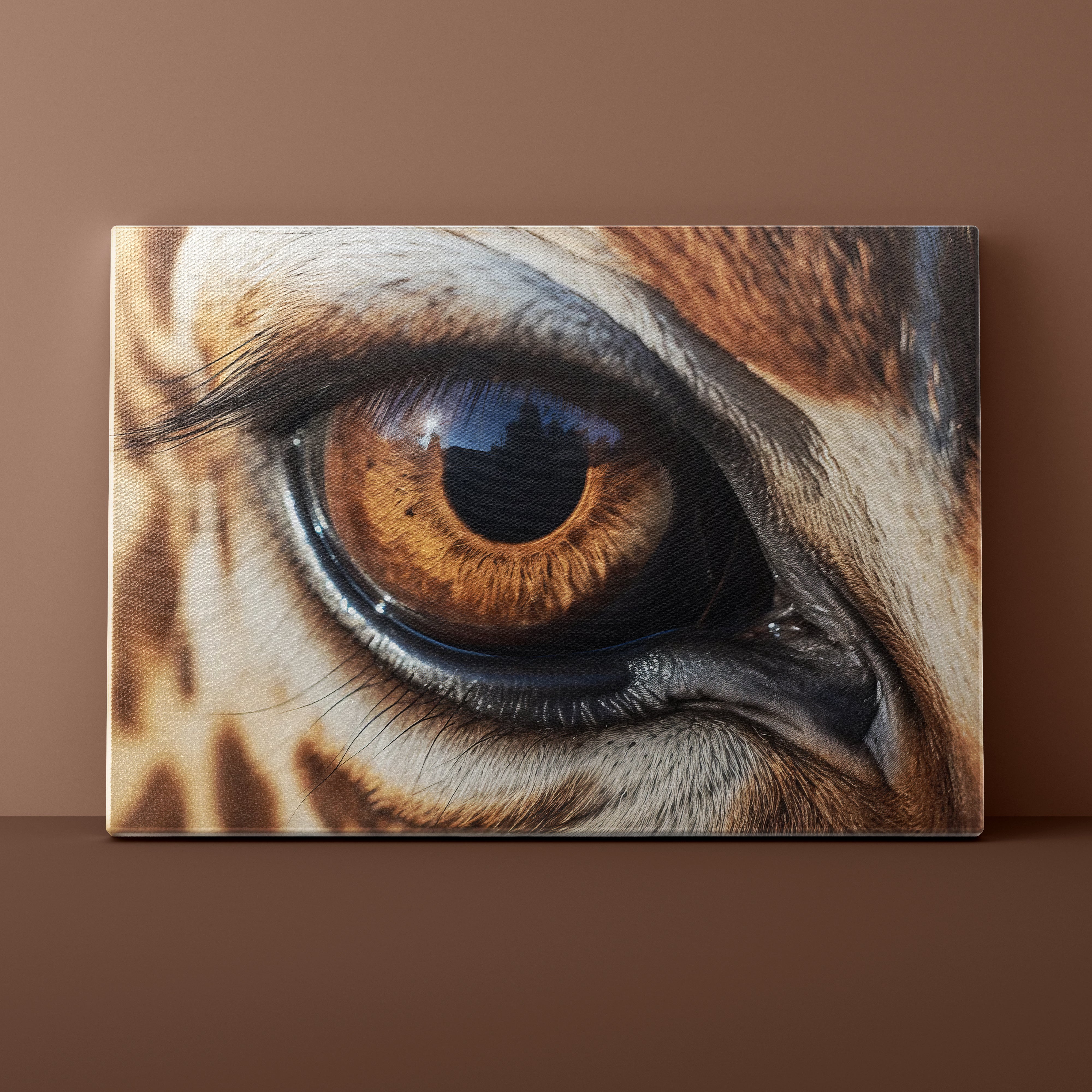 Close-up of a giraffe's eye on a brown background