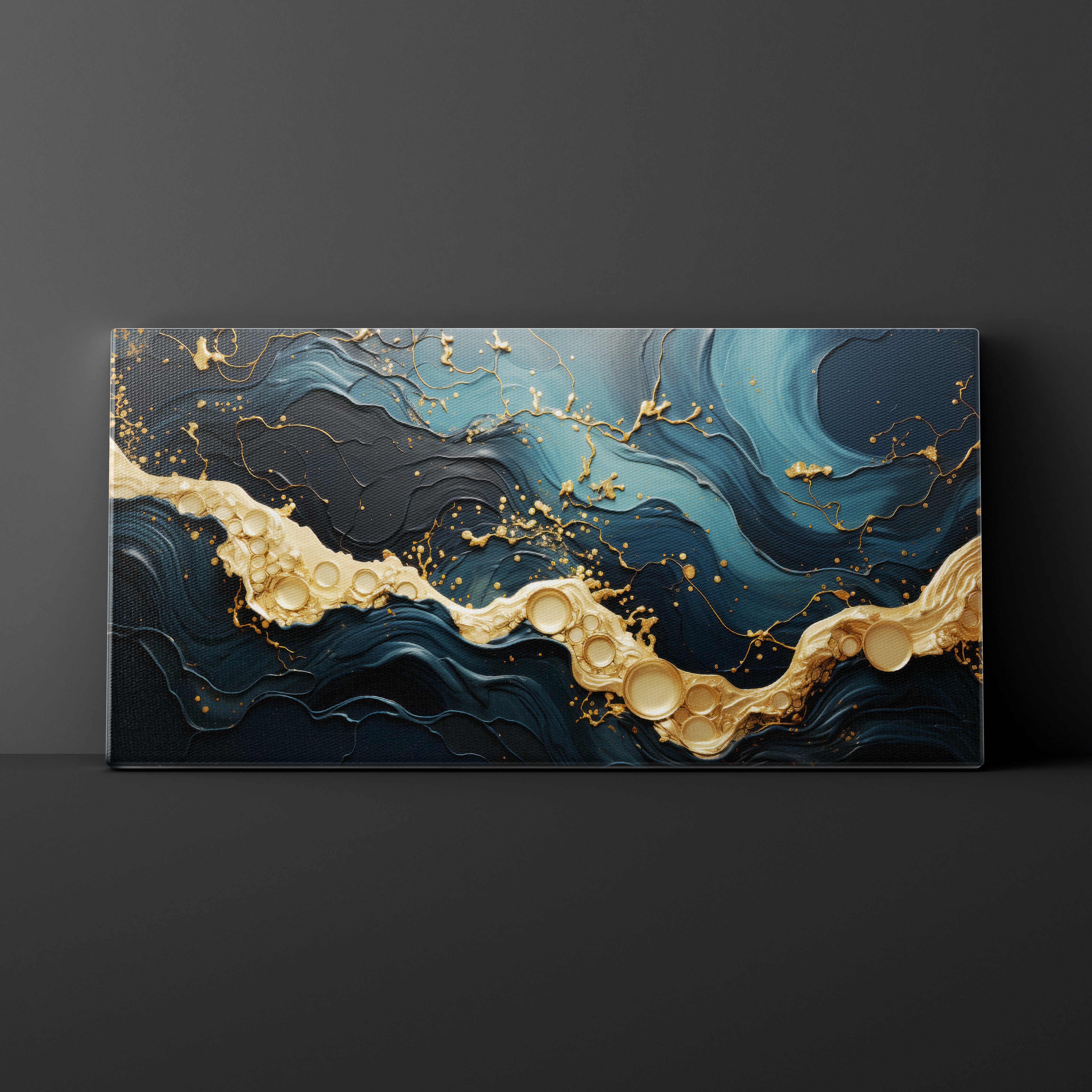 Abstract art piece with gold and blue patterns on a dark background