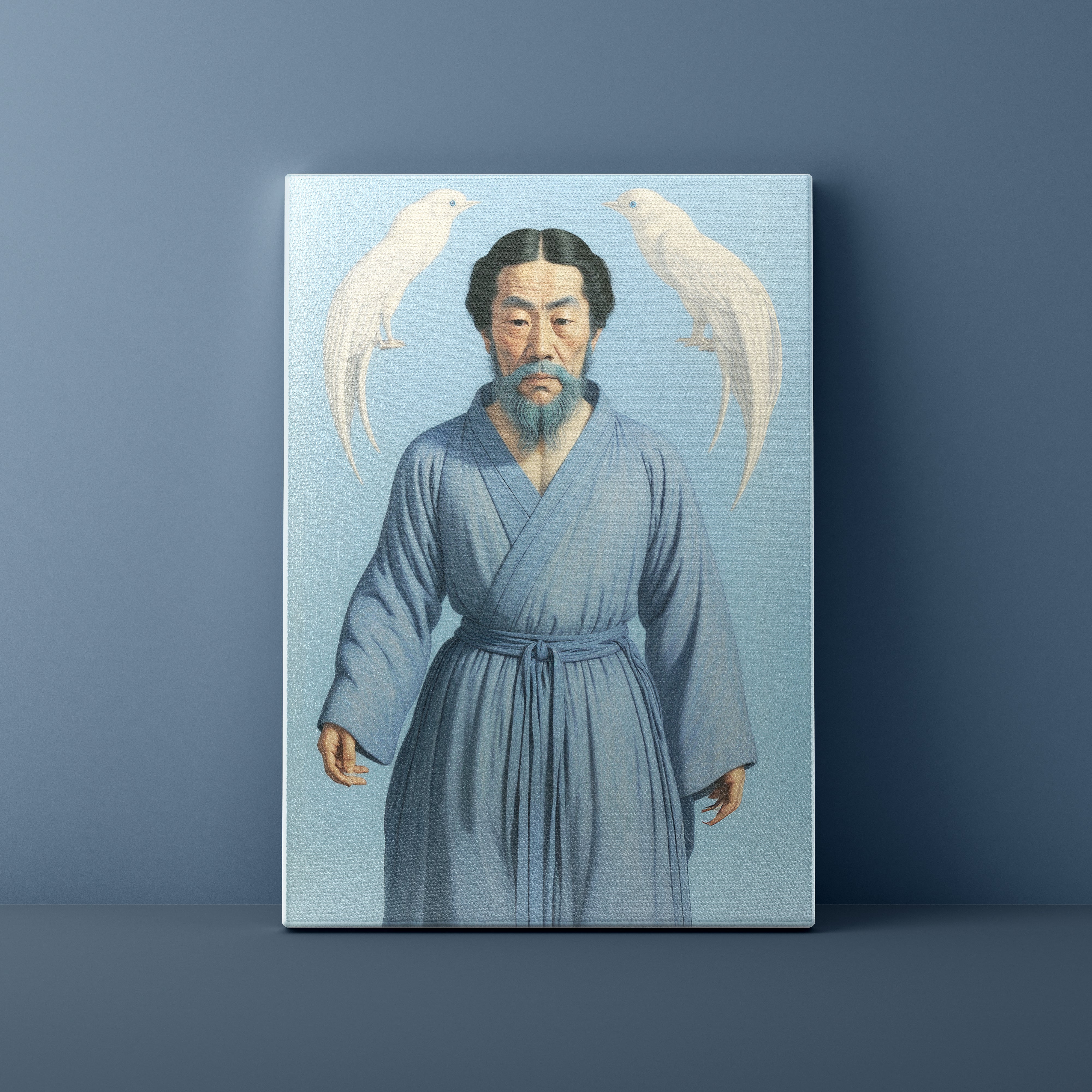 Canvas print of a man in traditional attire with two white birds on a blue background