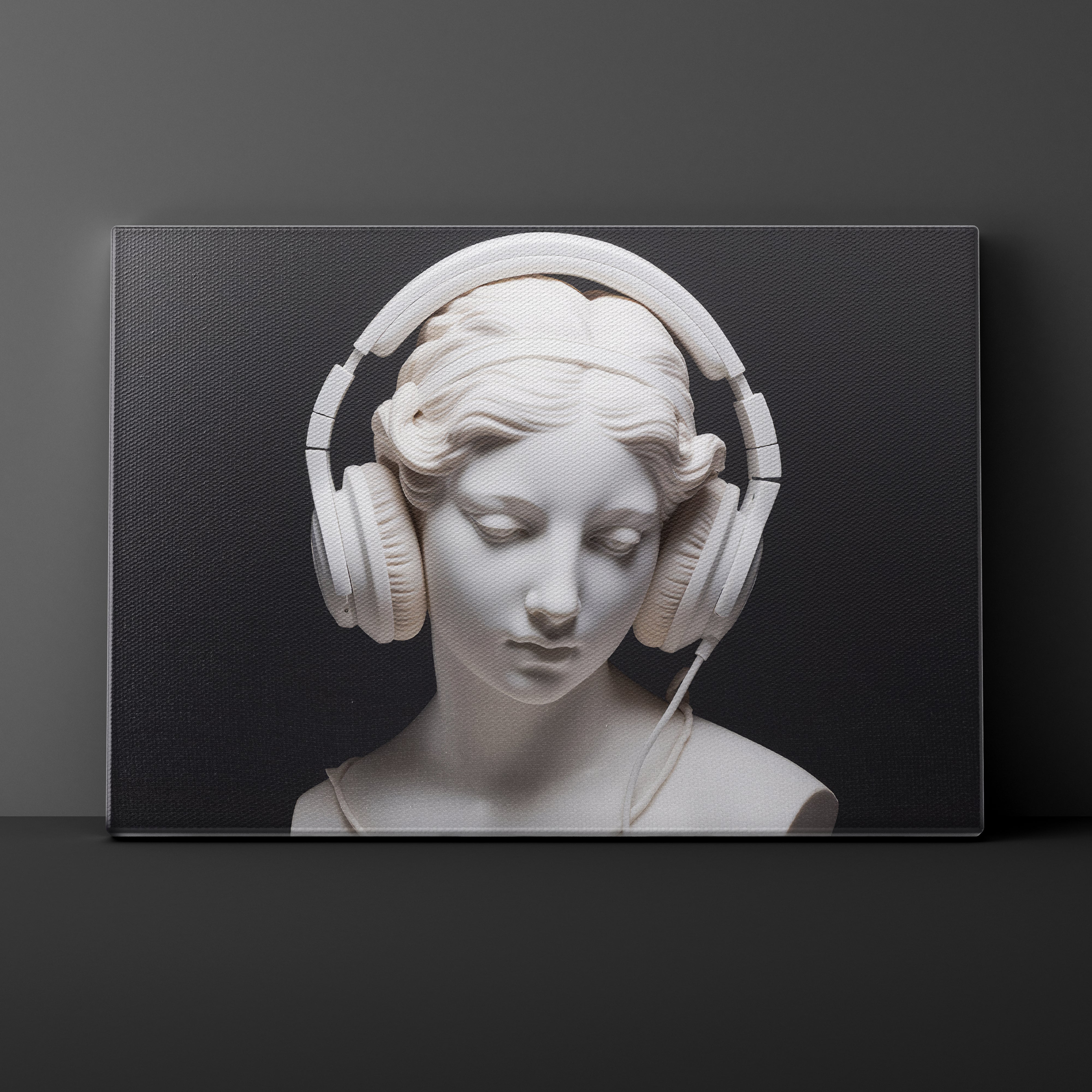 Statue of a woman wearing white headphones on a black background