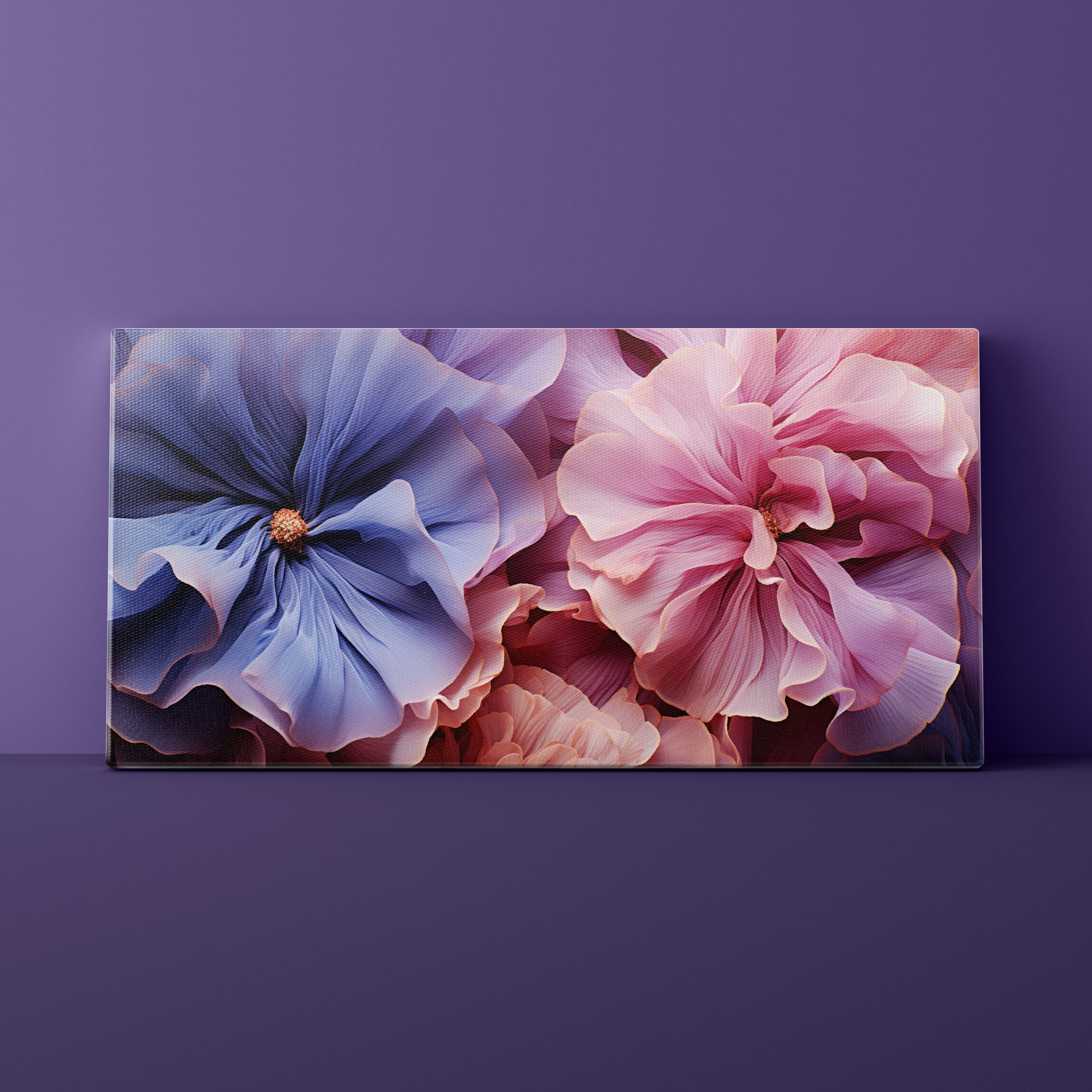 Canvas print of pink and blue flowers on a purple background