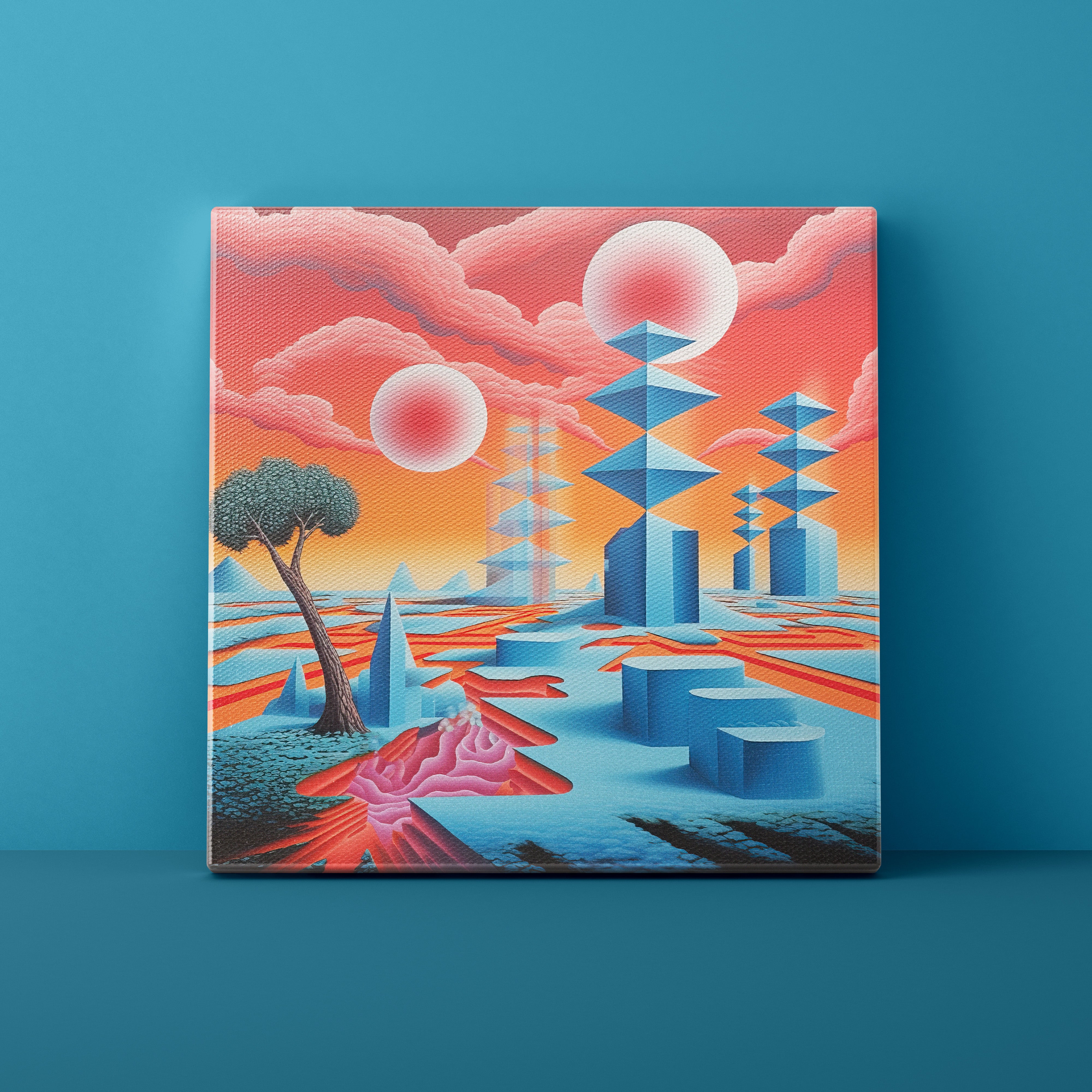 Futuristic landscape with geometric structures and celestial bodies on a blue background