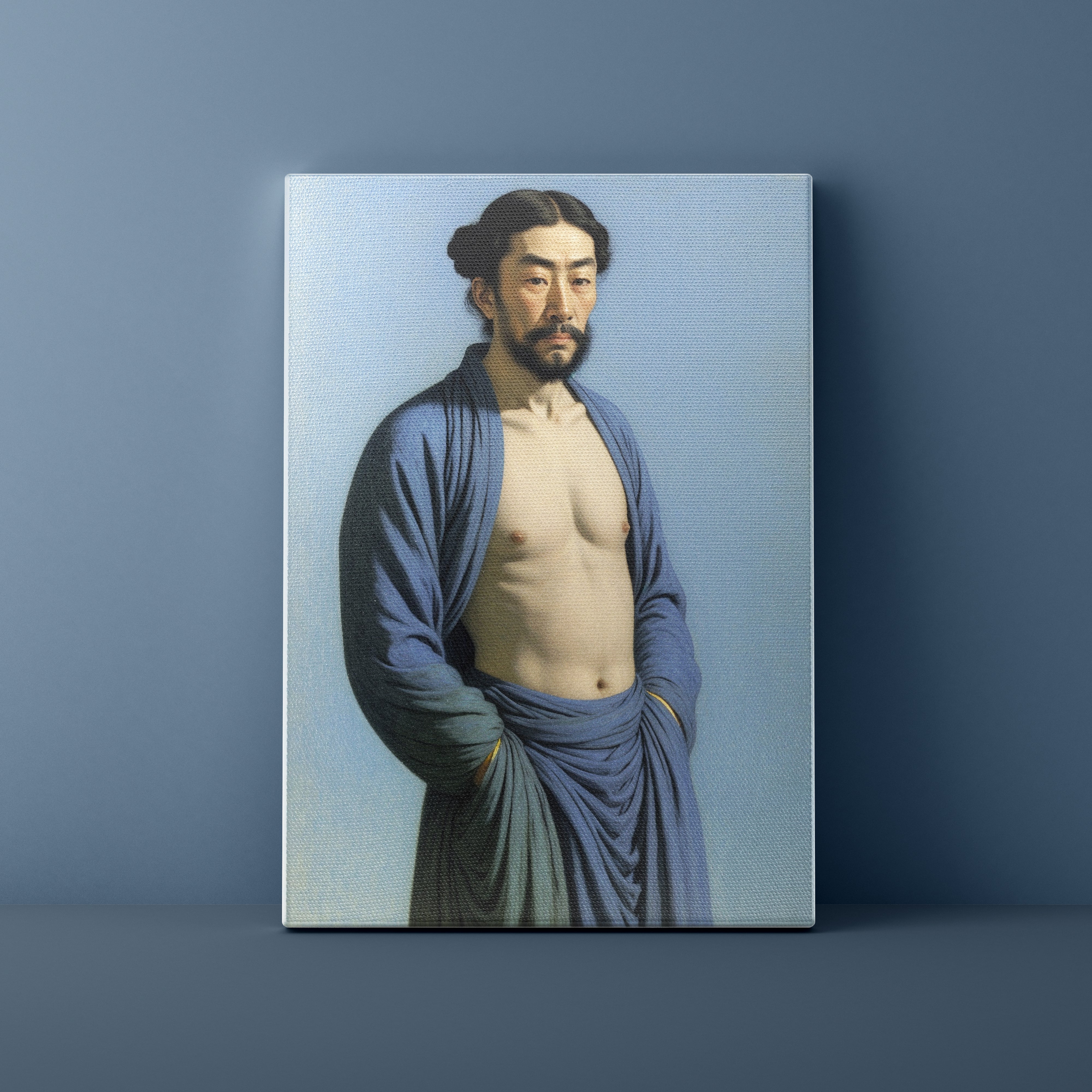 Canvas print of a man in traditional attire against a blue background