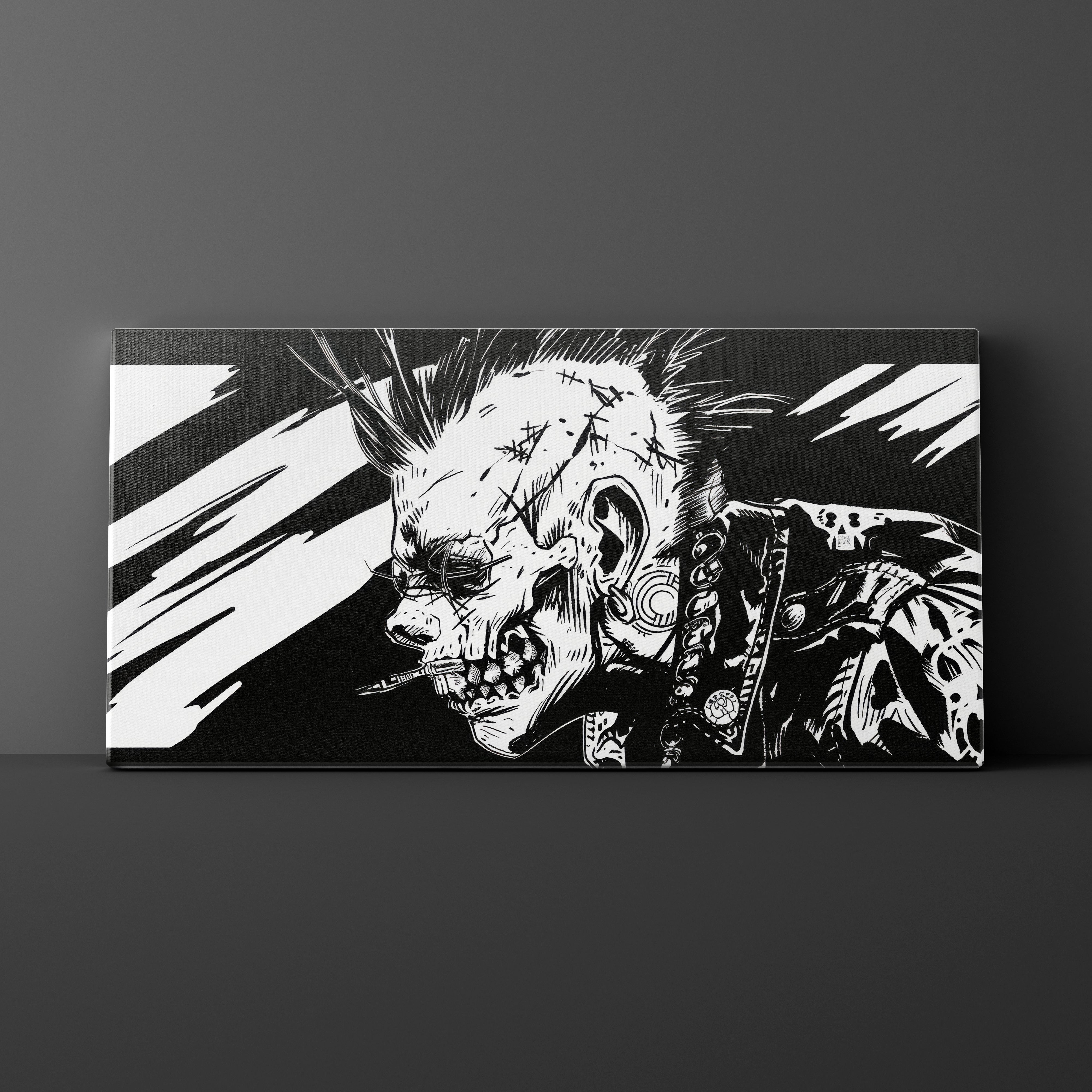 Black and white illustration of a stylized character on a dark background