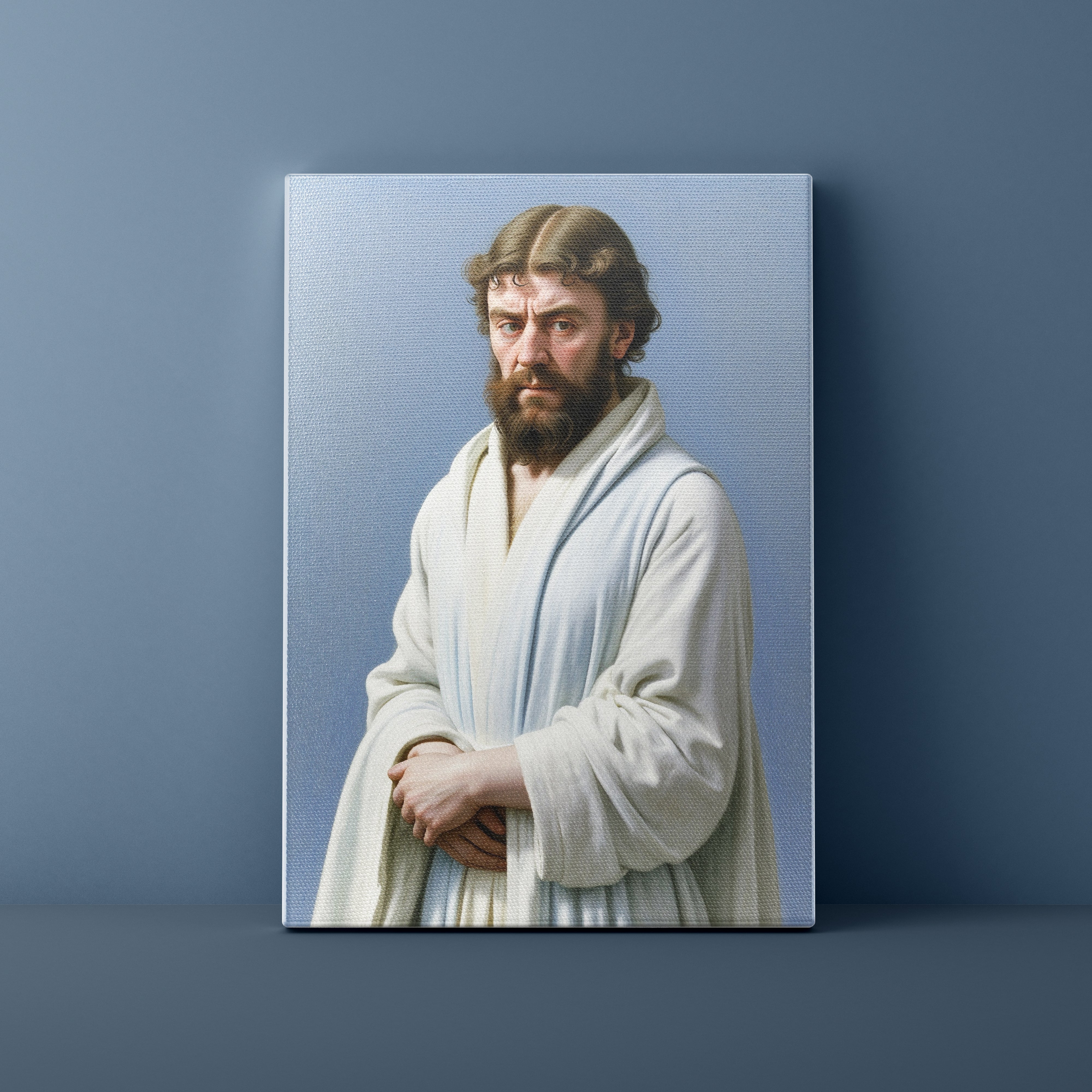 Canvas print of a man in a white robe against a blue background