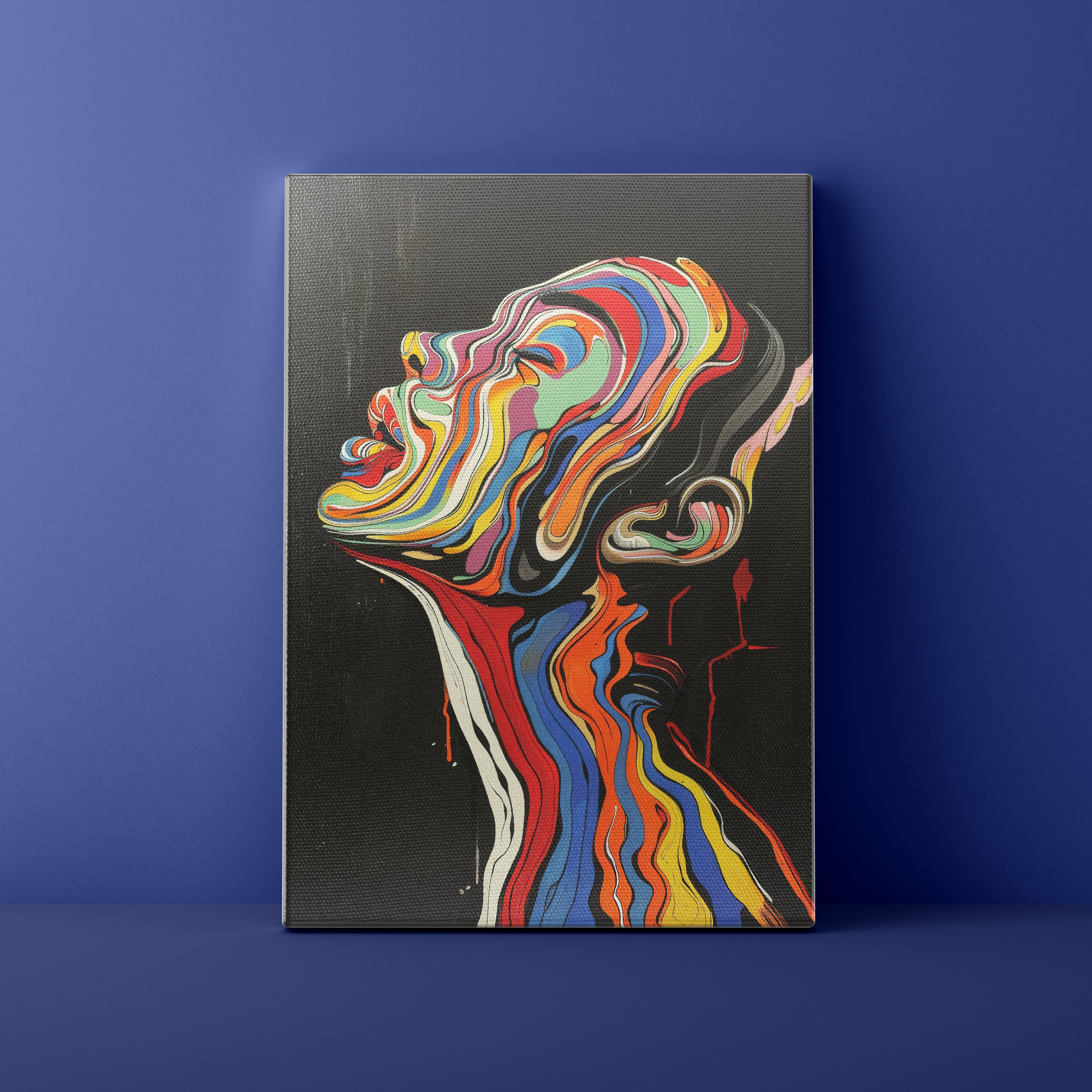 Colorful abstract art of a profiled face on a dark background