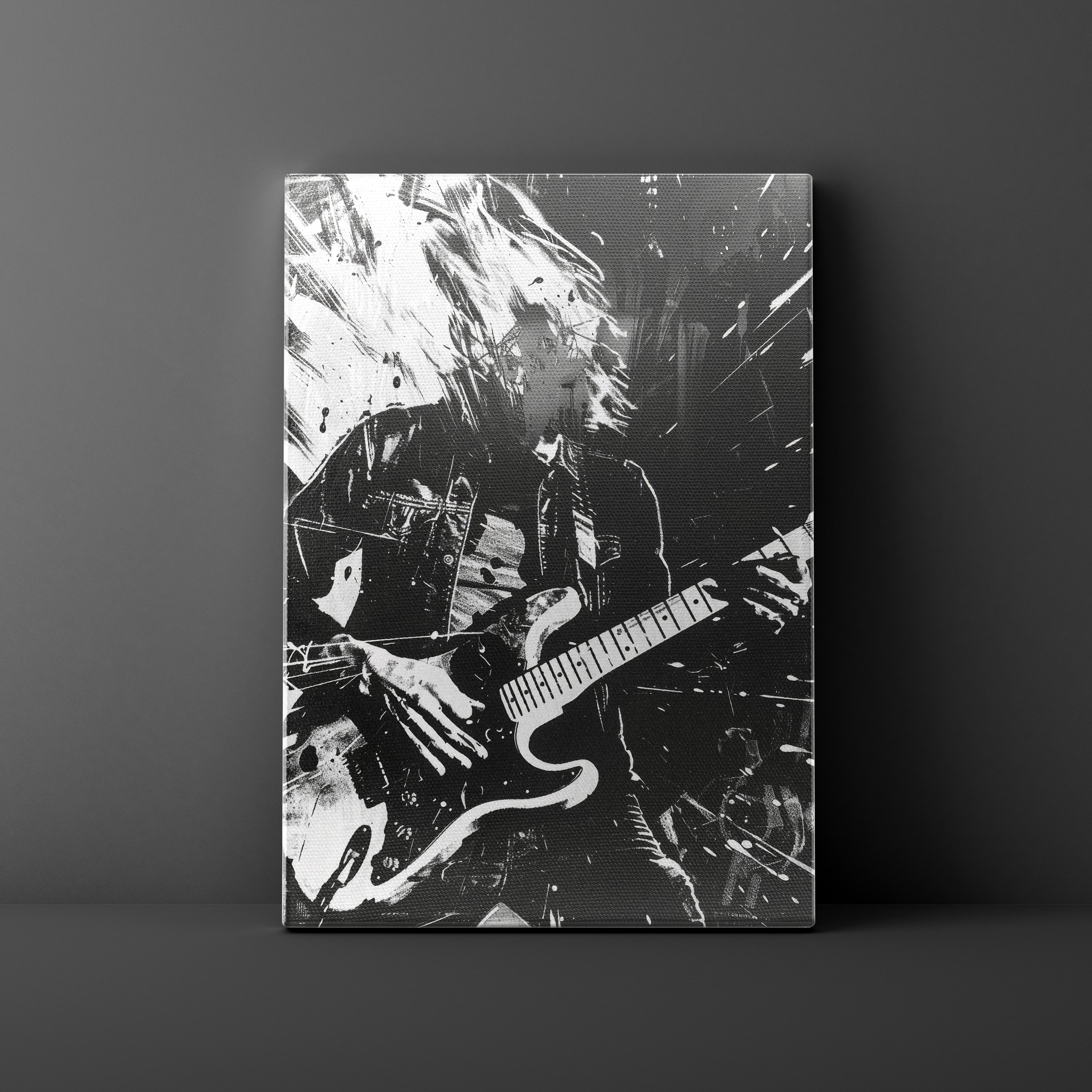 Canvas print of a black and white abstract art piece with a person playing guitar.