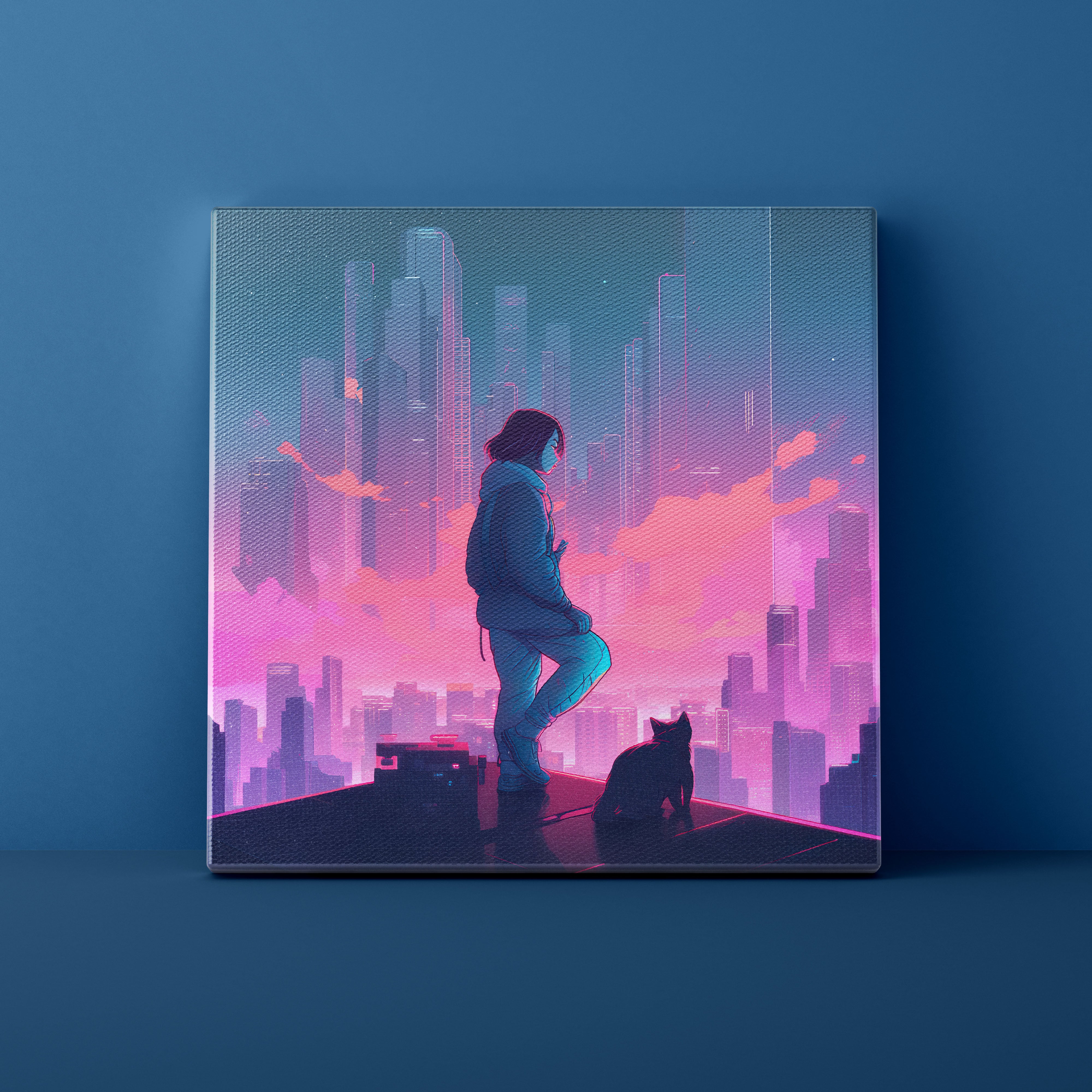 Futuristic cityscape with a person and dog on a rooftop, set against a blue wall.