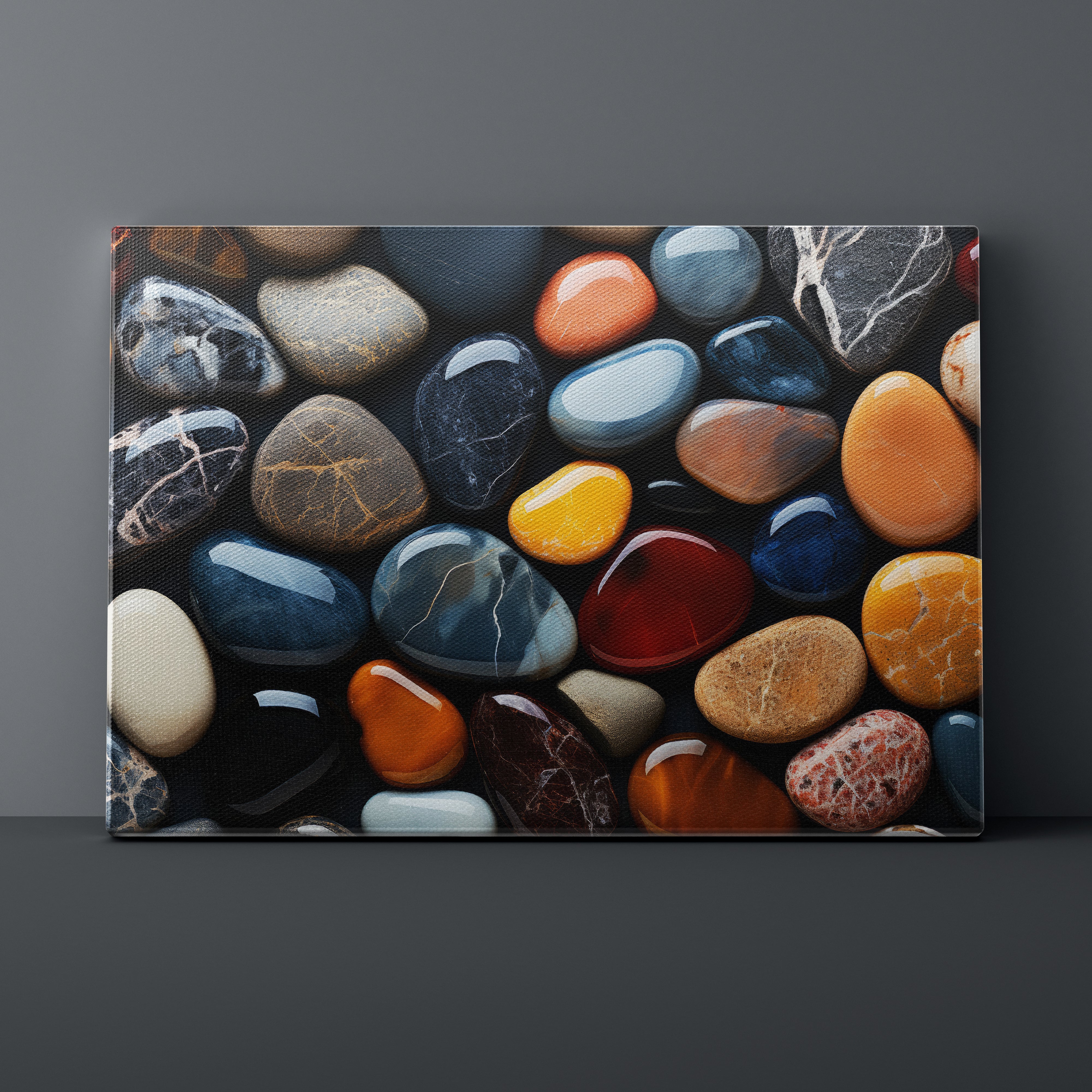 Canvas print of multicolored stones on a dark gray background
