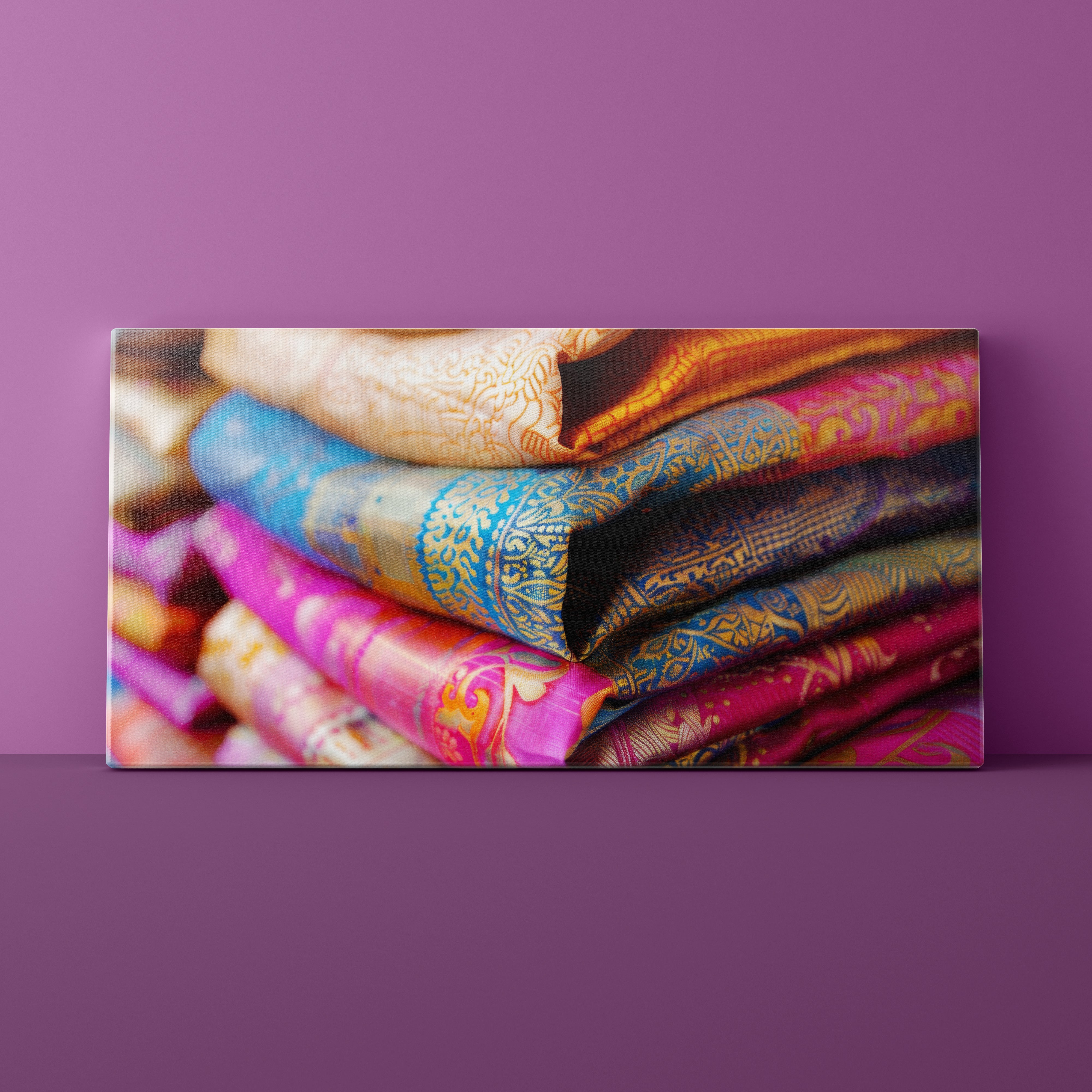 Colorful fabric with intricate patterns on a purple background
