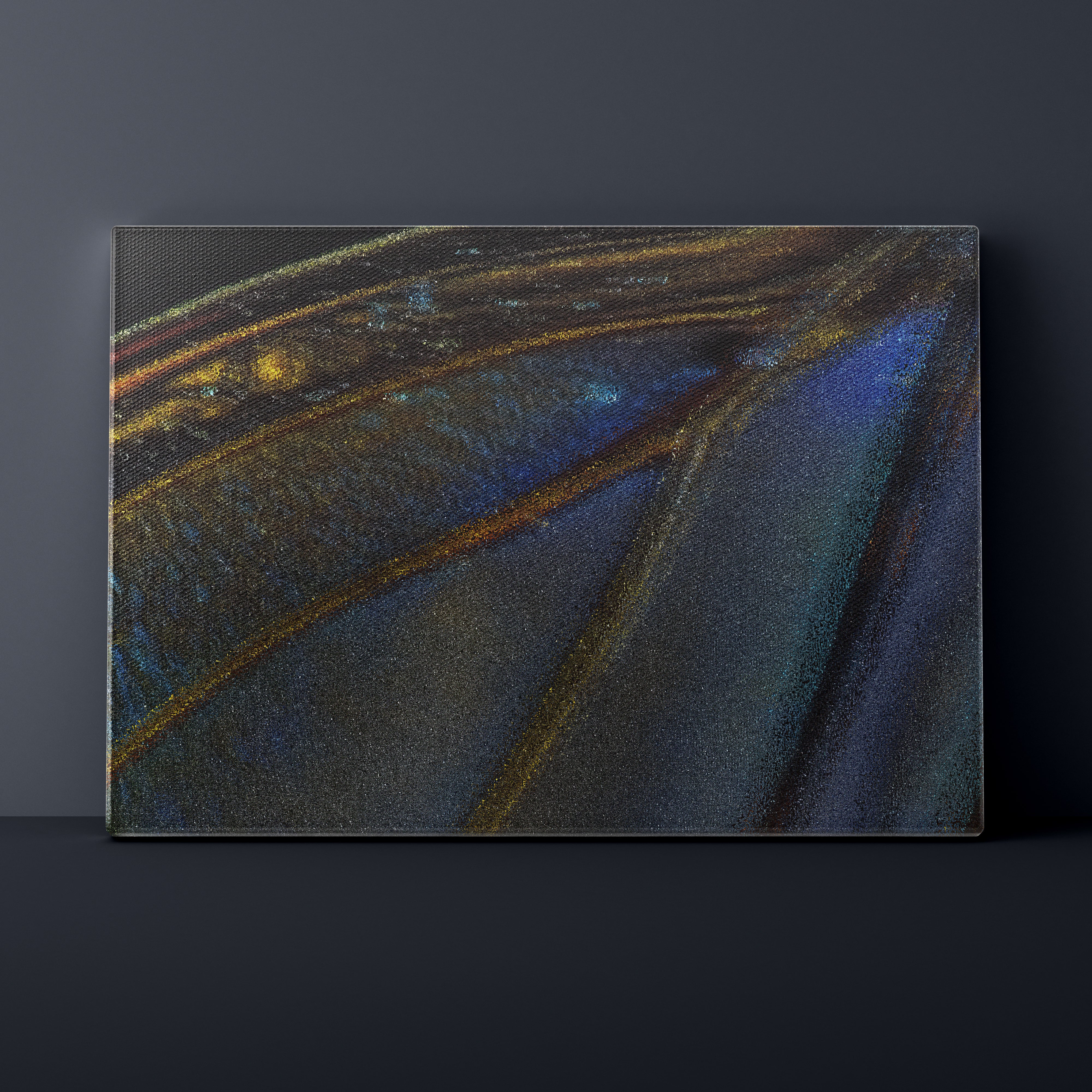 Abstract art piece with blue and gold tones on a dark background