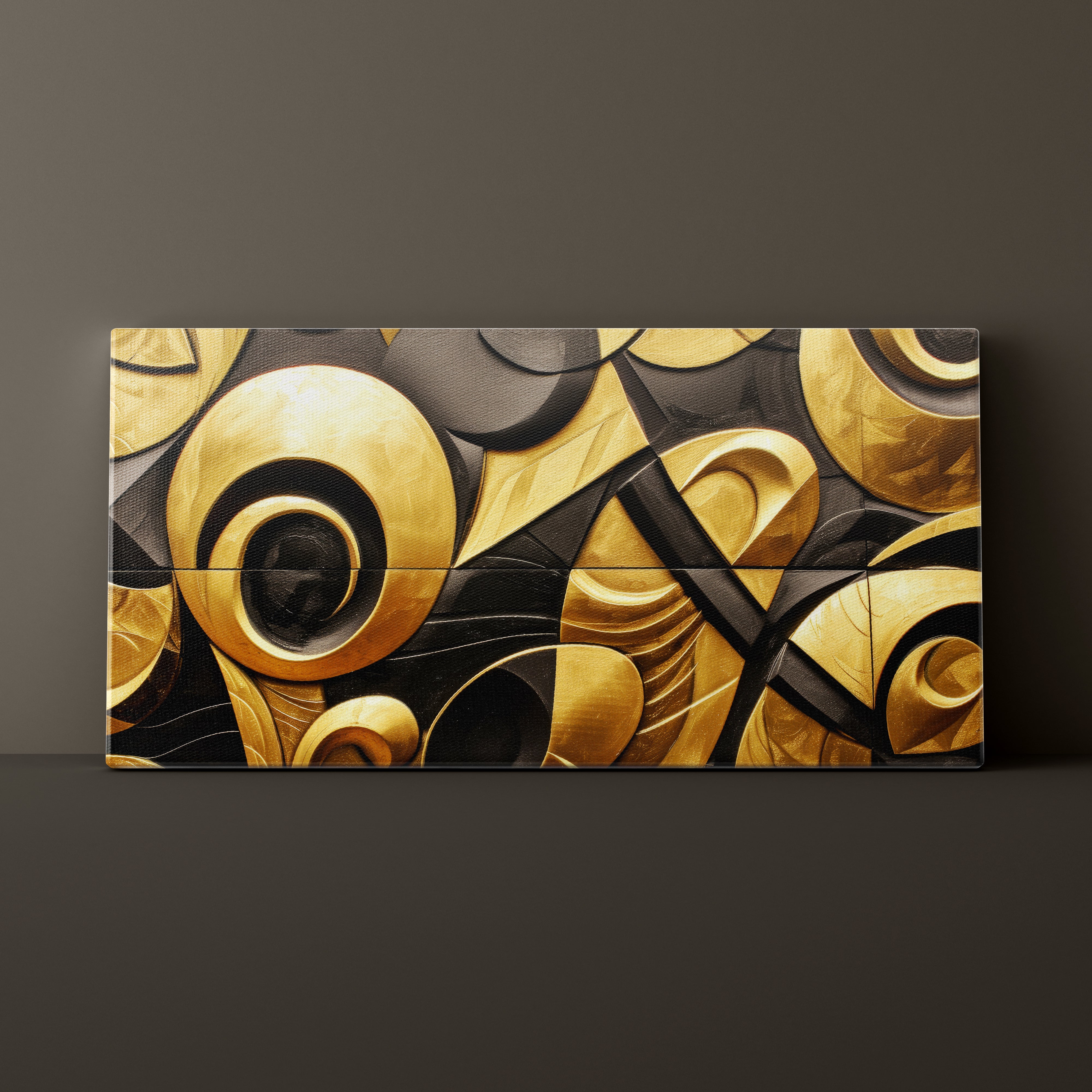Decorative wall art with gold and black circular patterns on a dark background