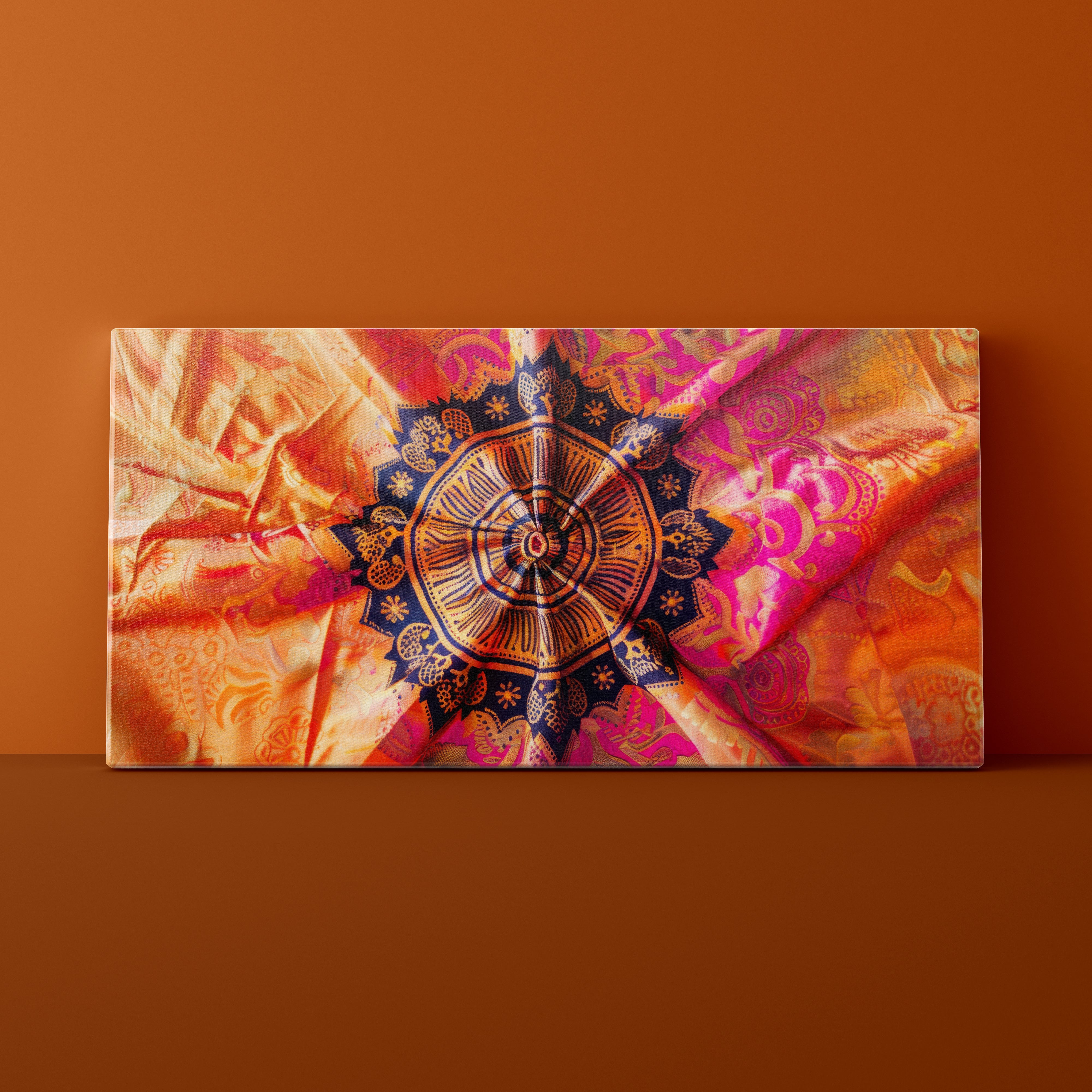 Decorative wall art with a colorful mandala design on an orange background