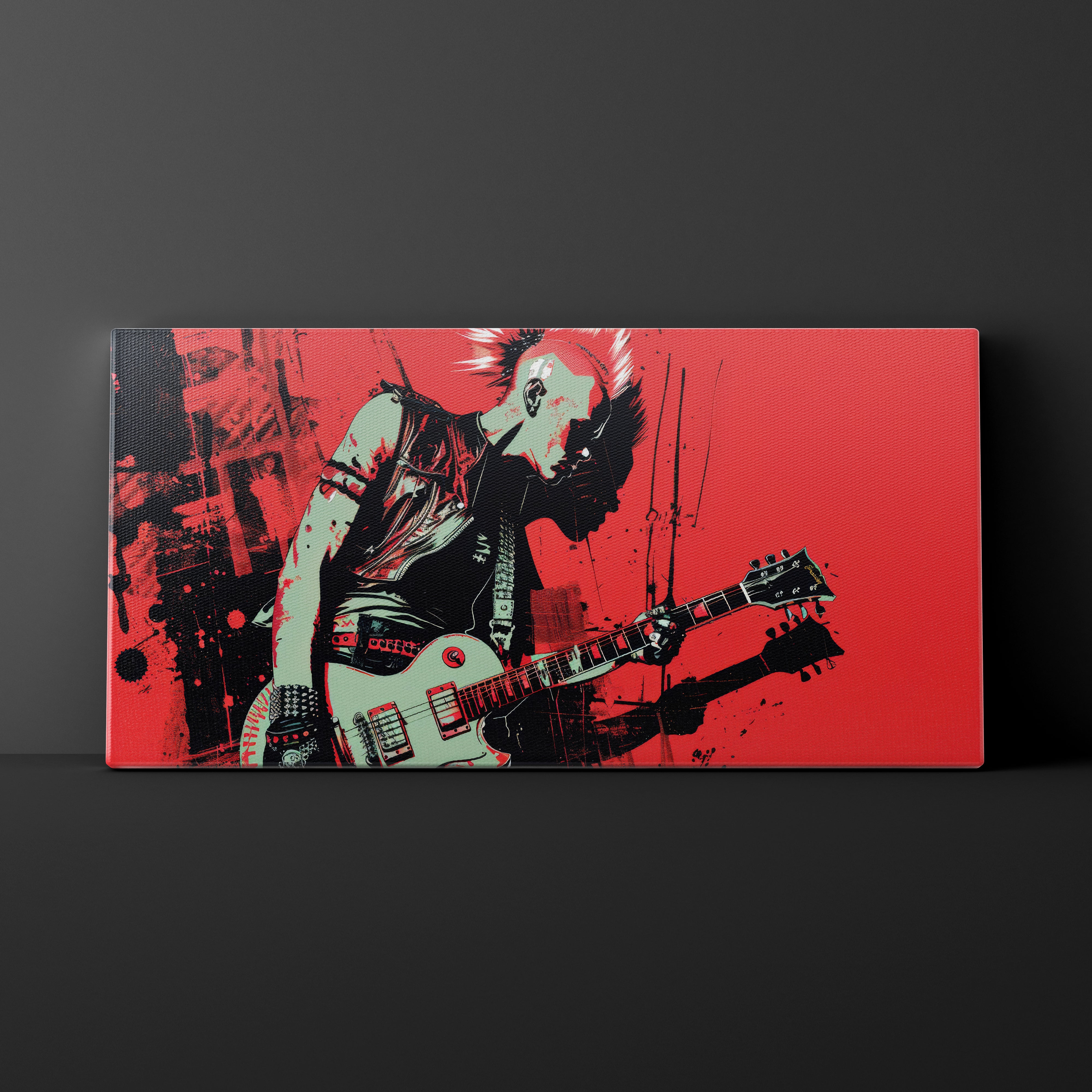 Canvas print of a stylized illustration of a person playing guitar on a red background