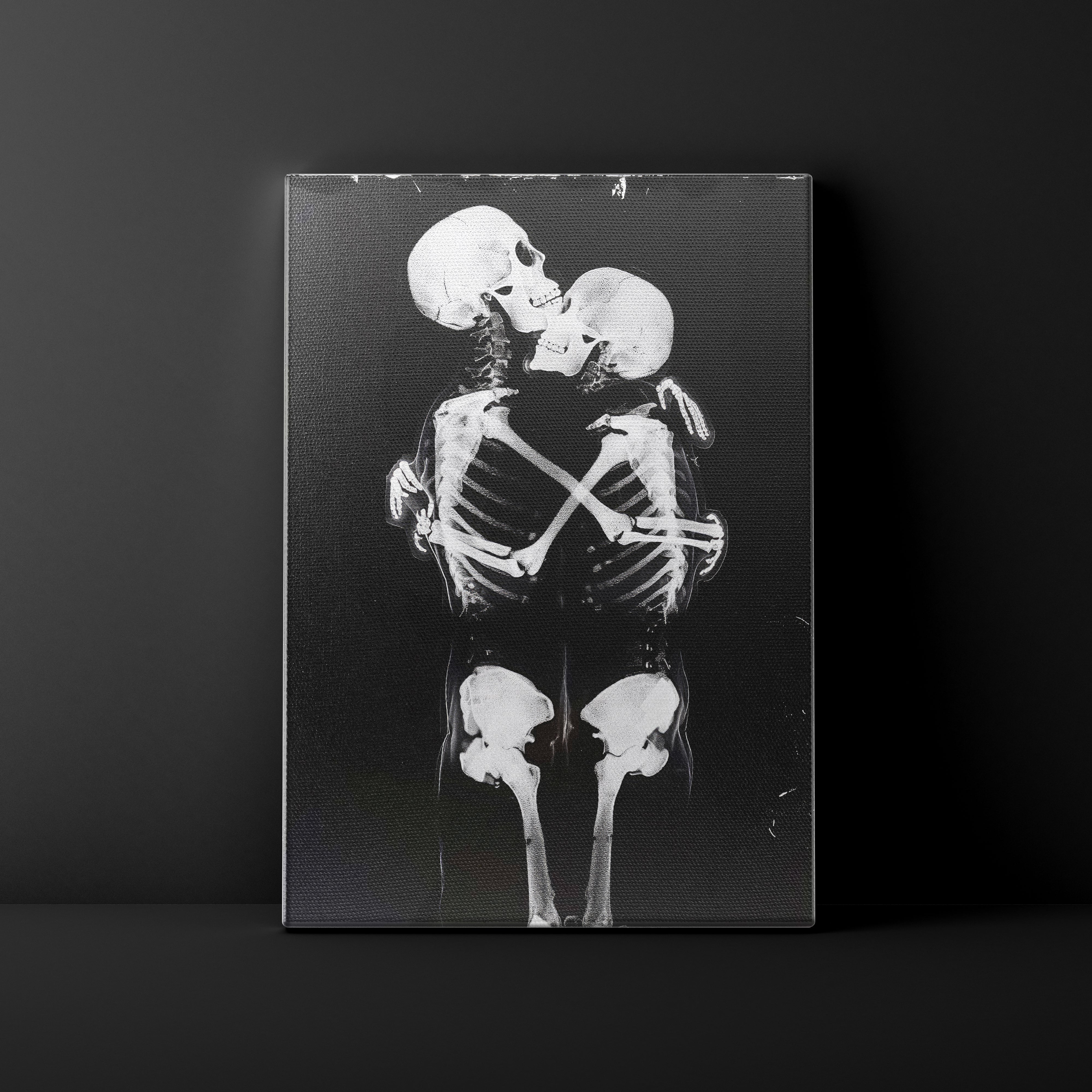X-ray of a couple kissing on a black background