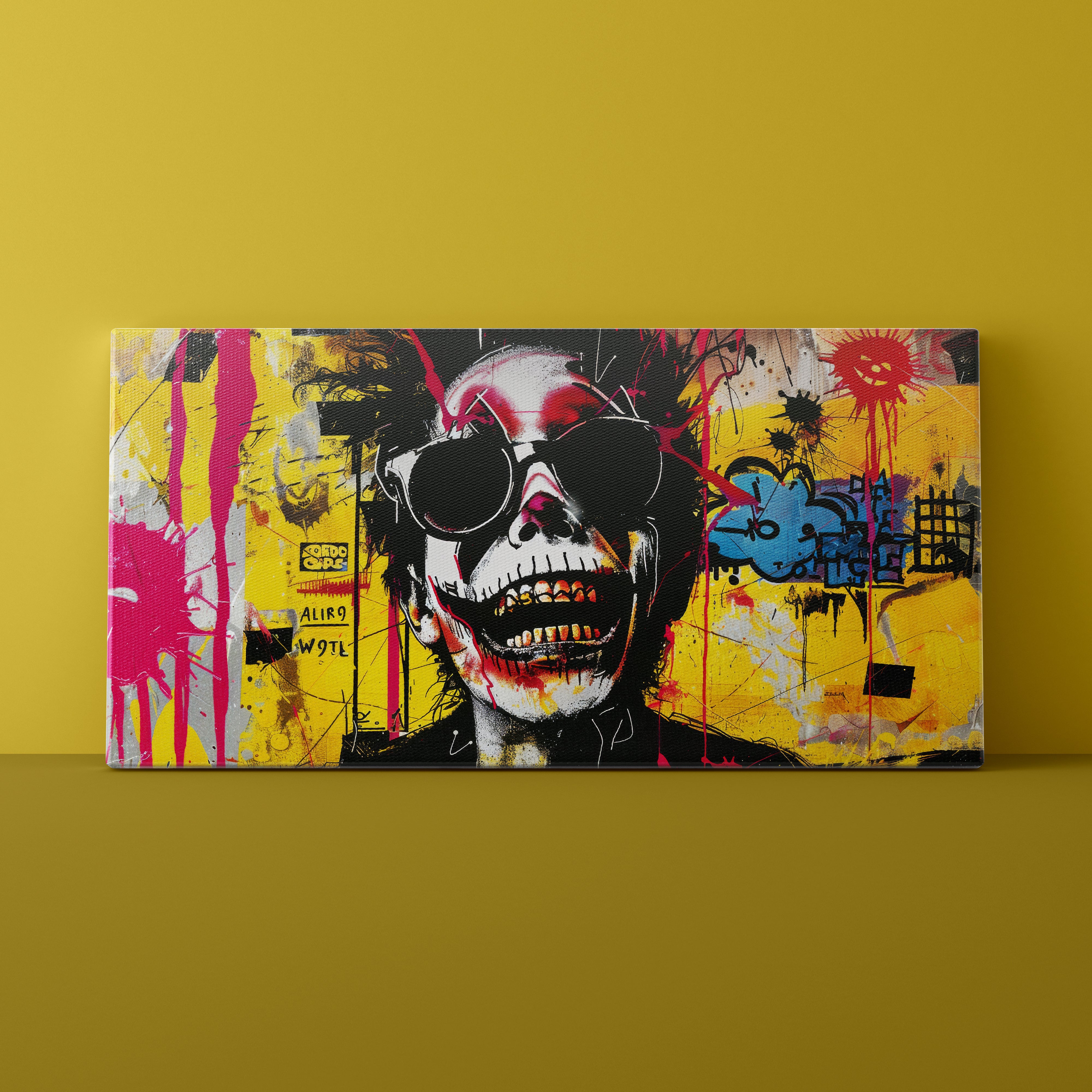 Colorful abstract painting of a skull with sunglasses on a yellow wall.