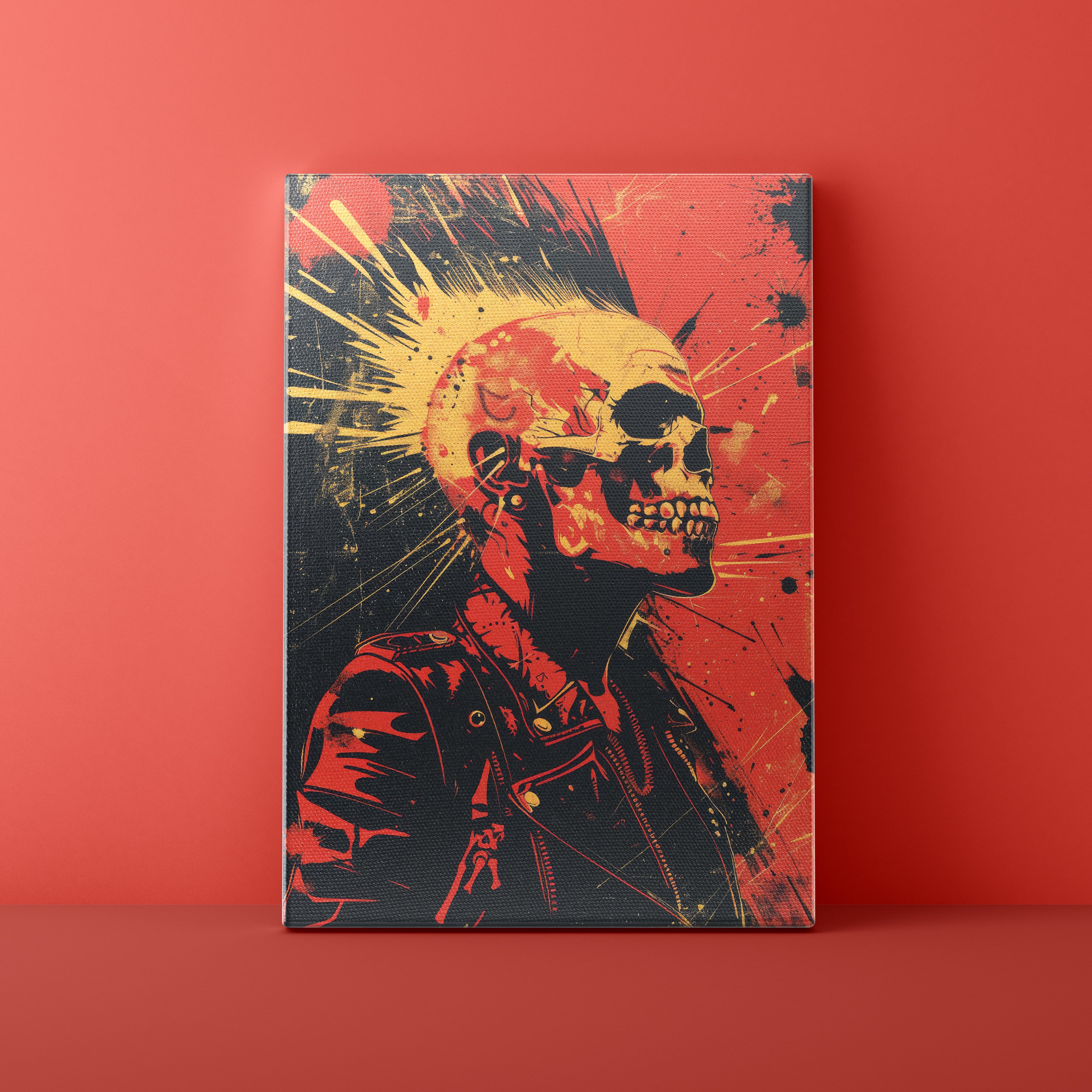 Canvas print of a stylized skull and warrior design on a red background