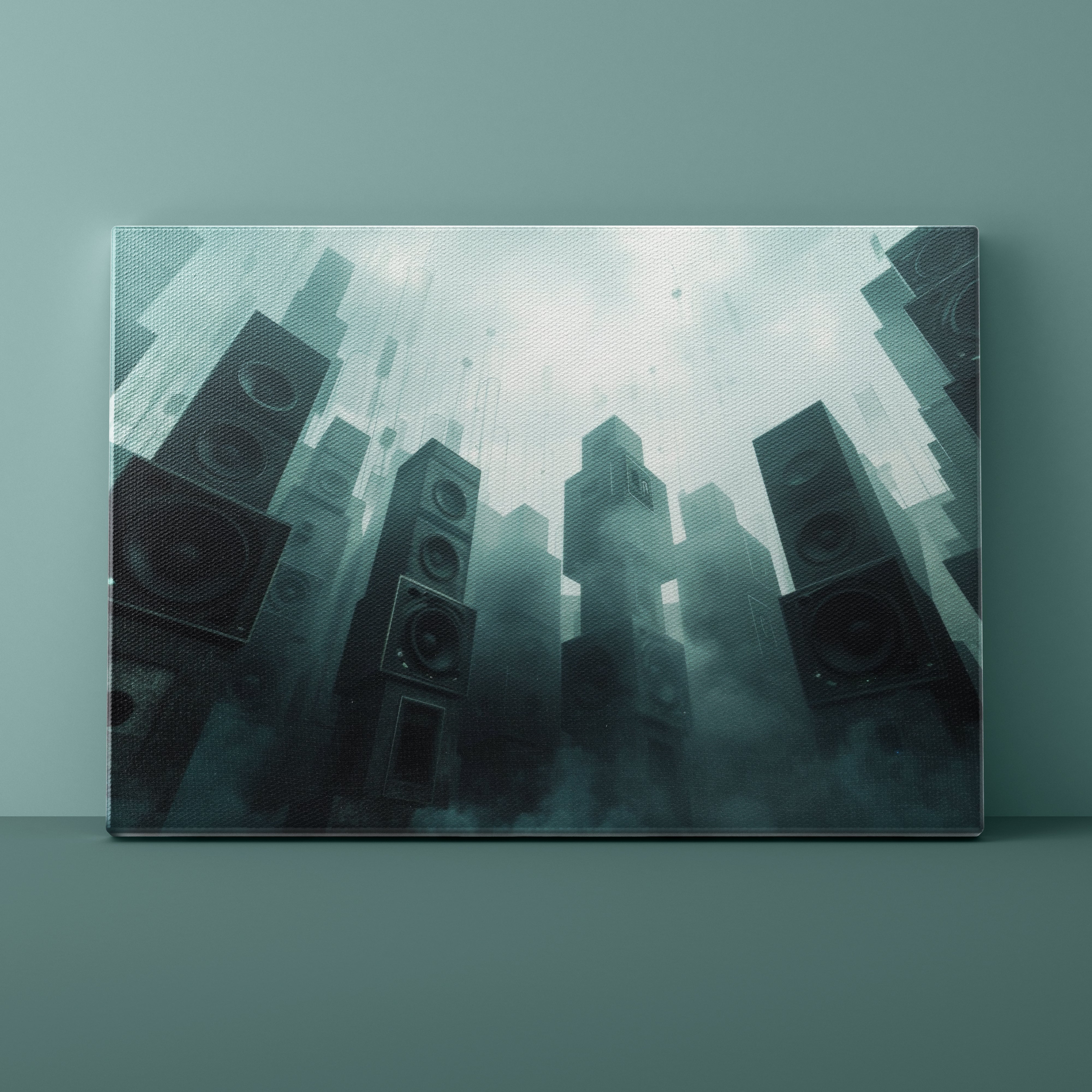 Framed artwork of abstract cityscape with speakers on a teal wall.