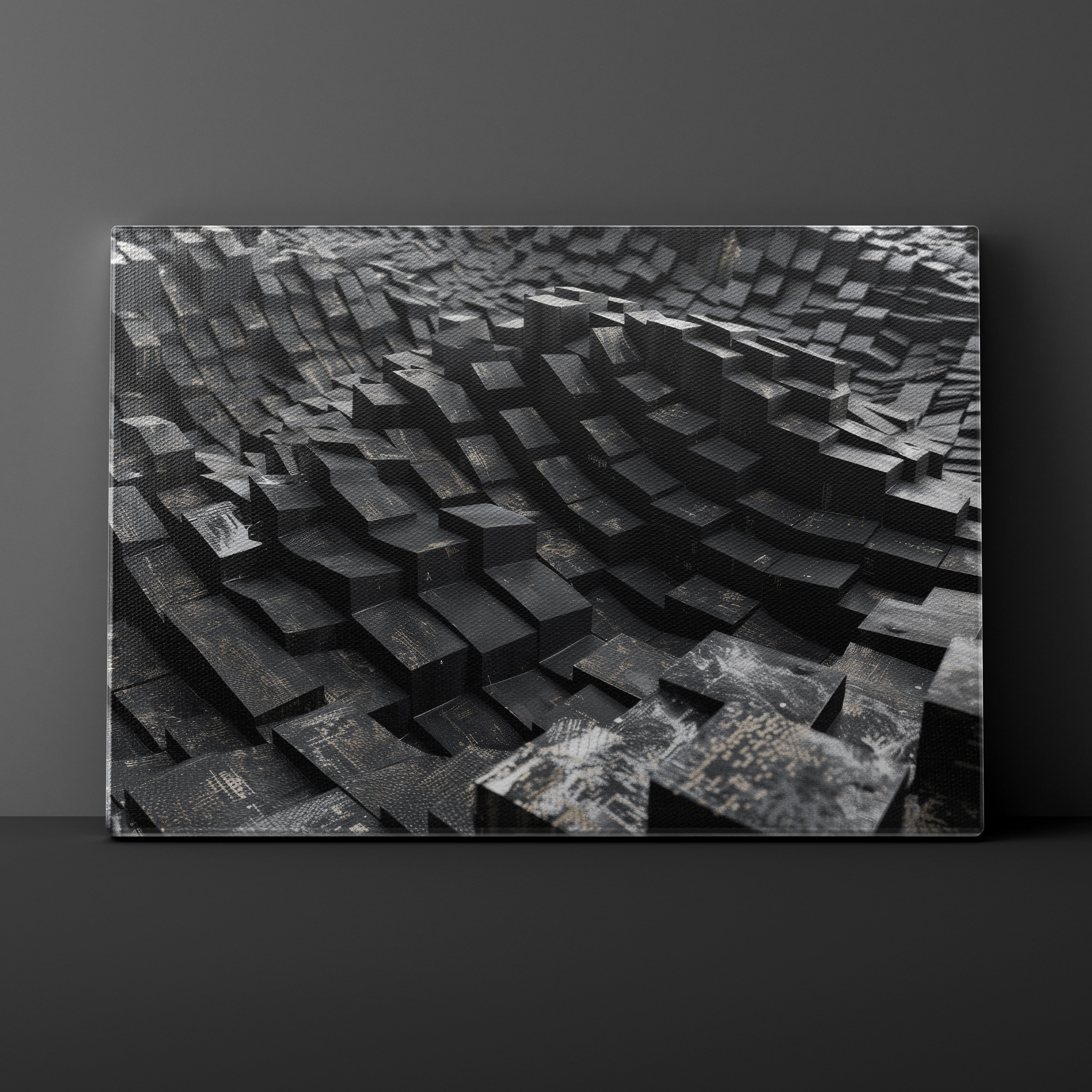 Abstract black and white geometric landscape on a dark background