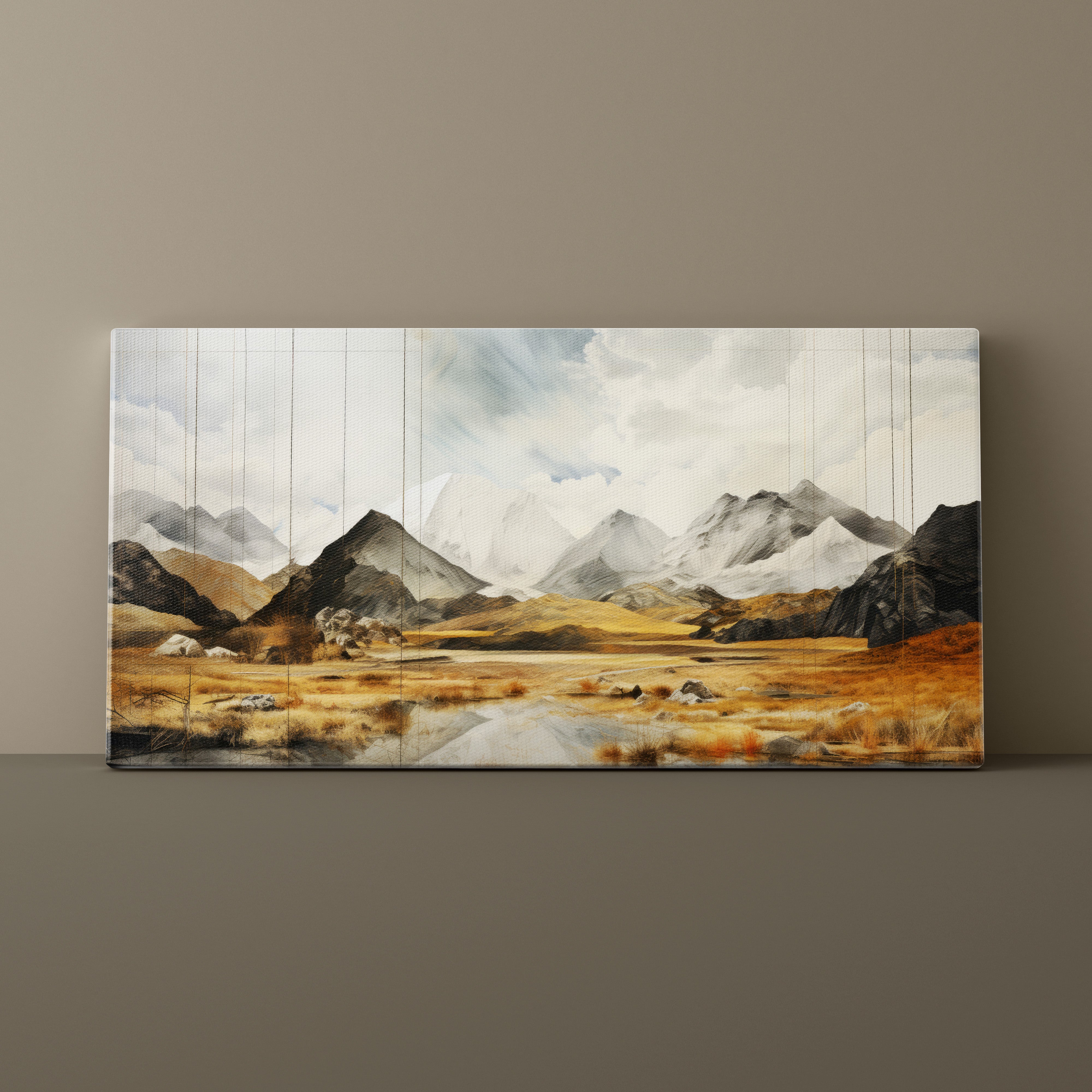 Wall art depicting a mountain landscape with a lake on a plain background