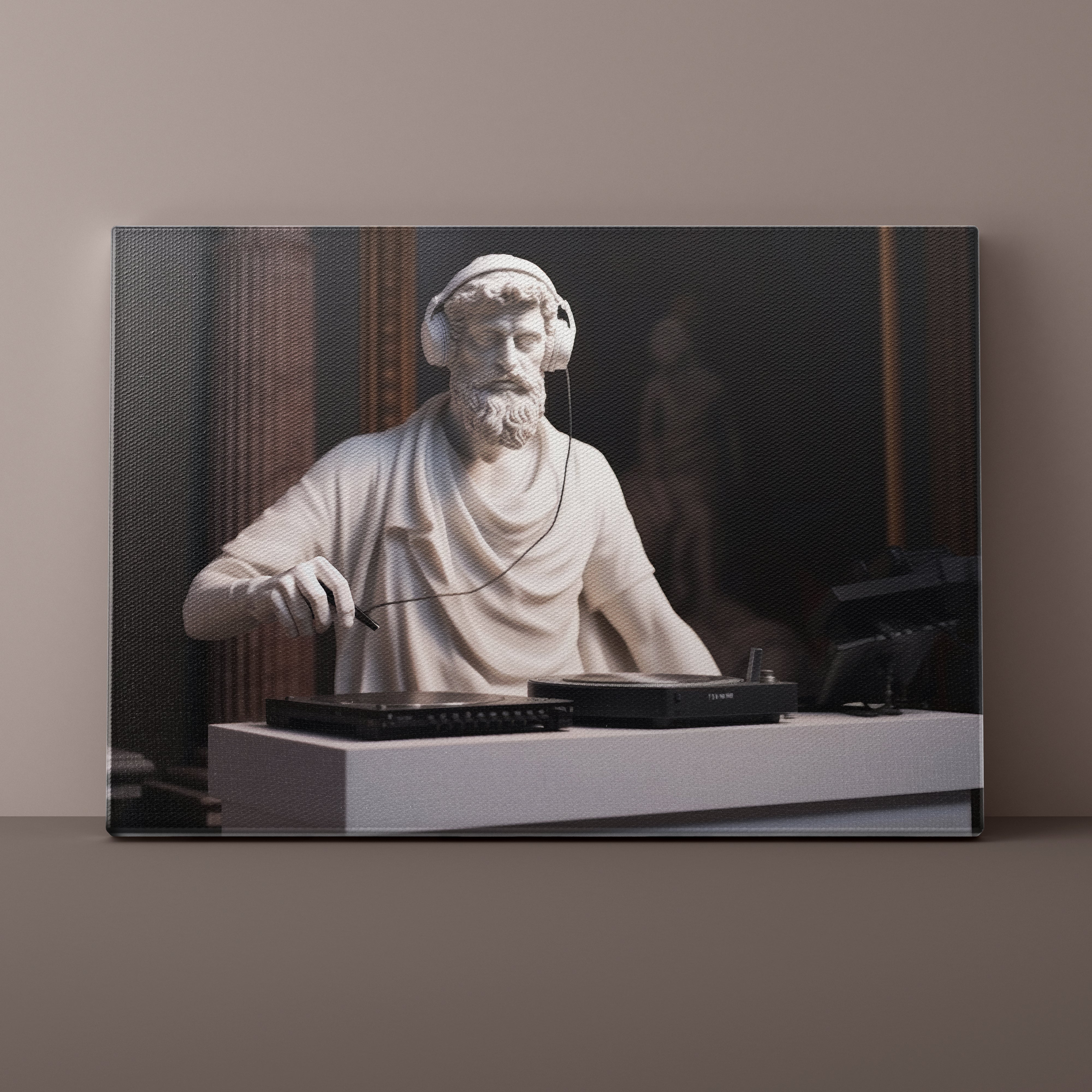 Statue of a man wearing headphones and using turntables on a dark background