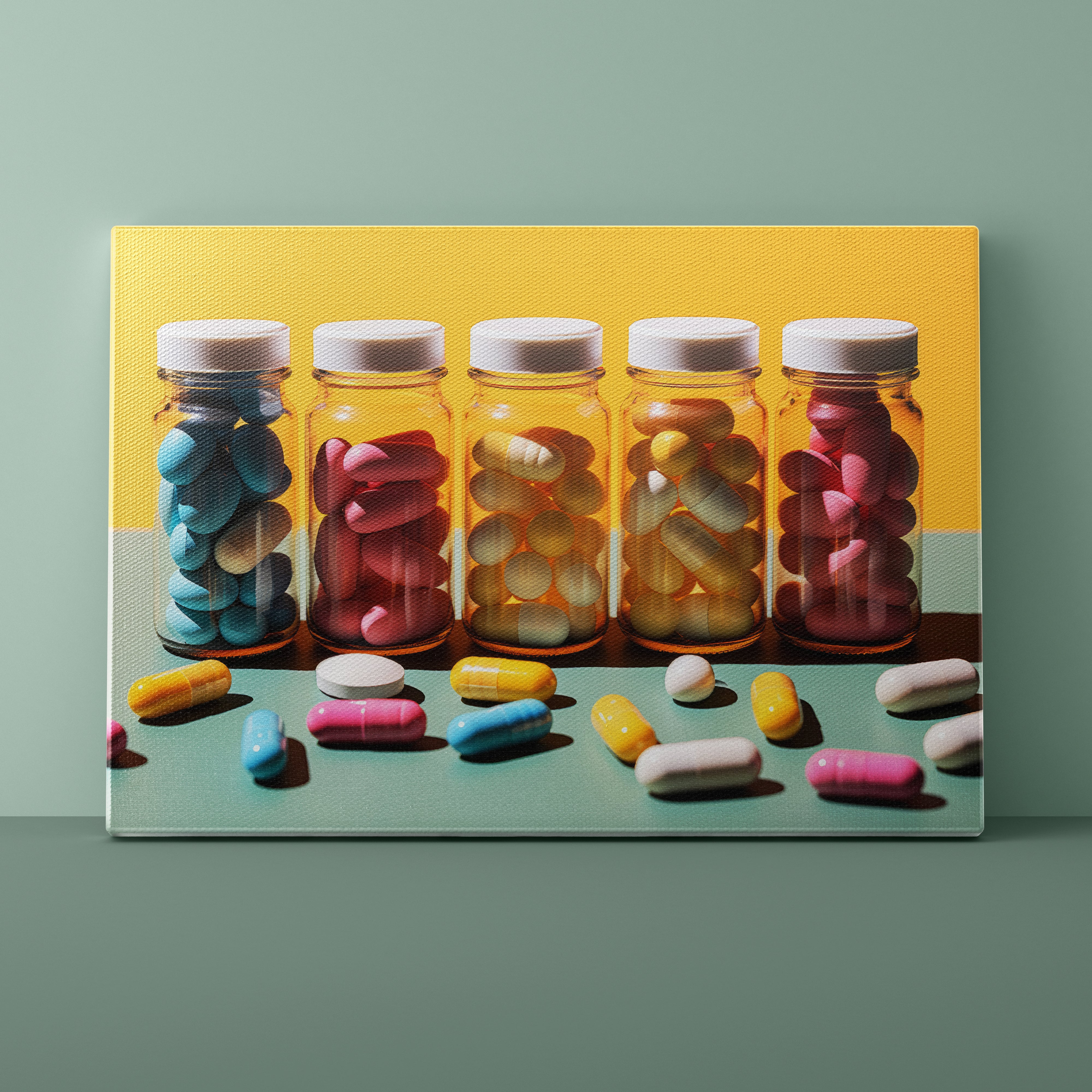 Canvas print of colorful pills and jars on a yellow and green background