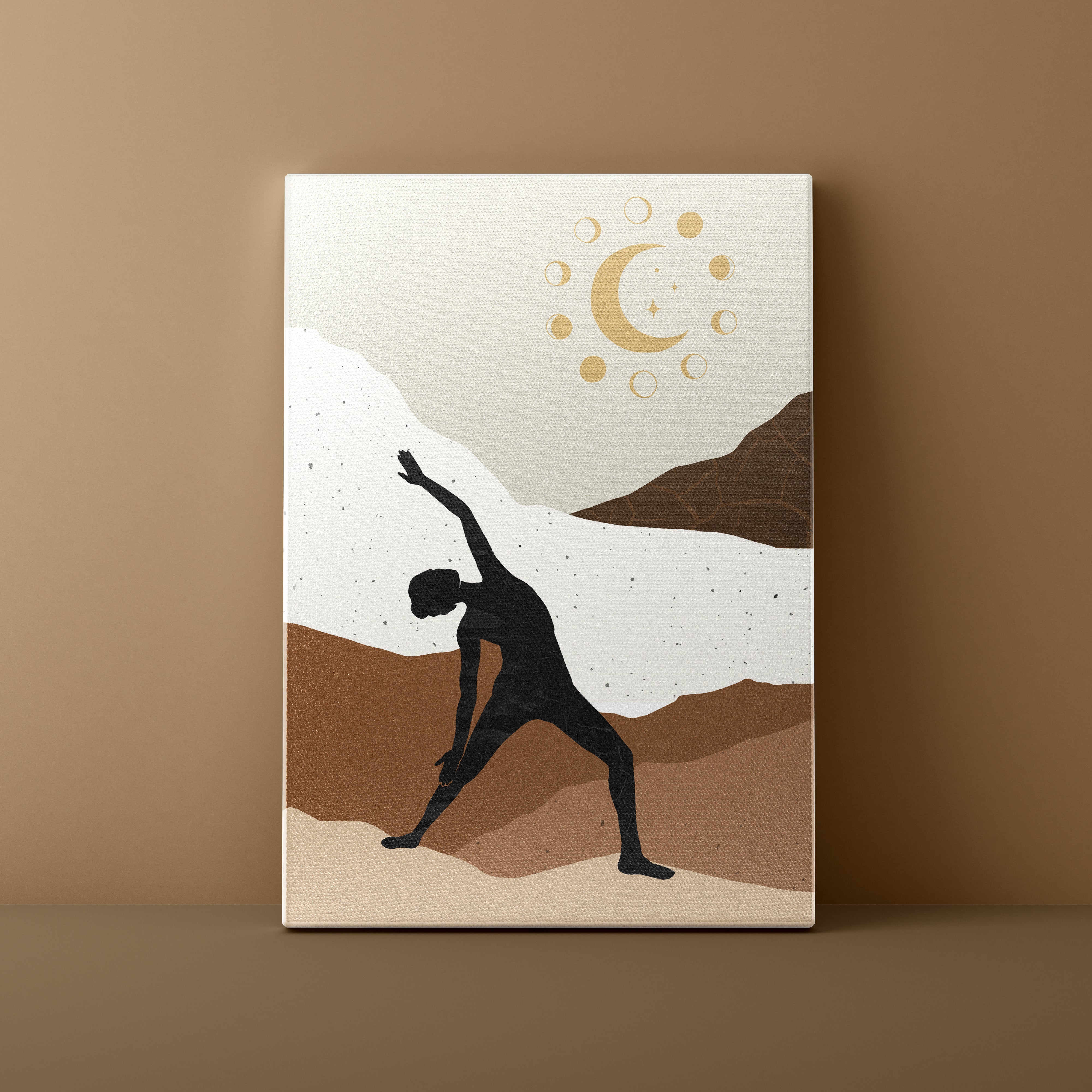 Canvas print with a silhouette of a person in a yoga pose against a mountain and celestial background.