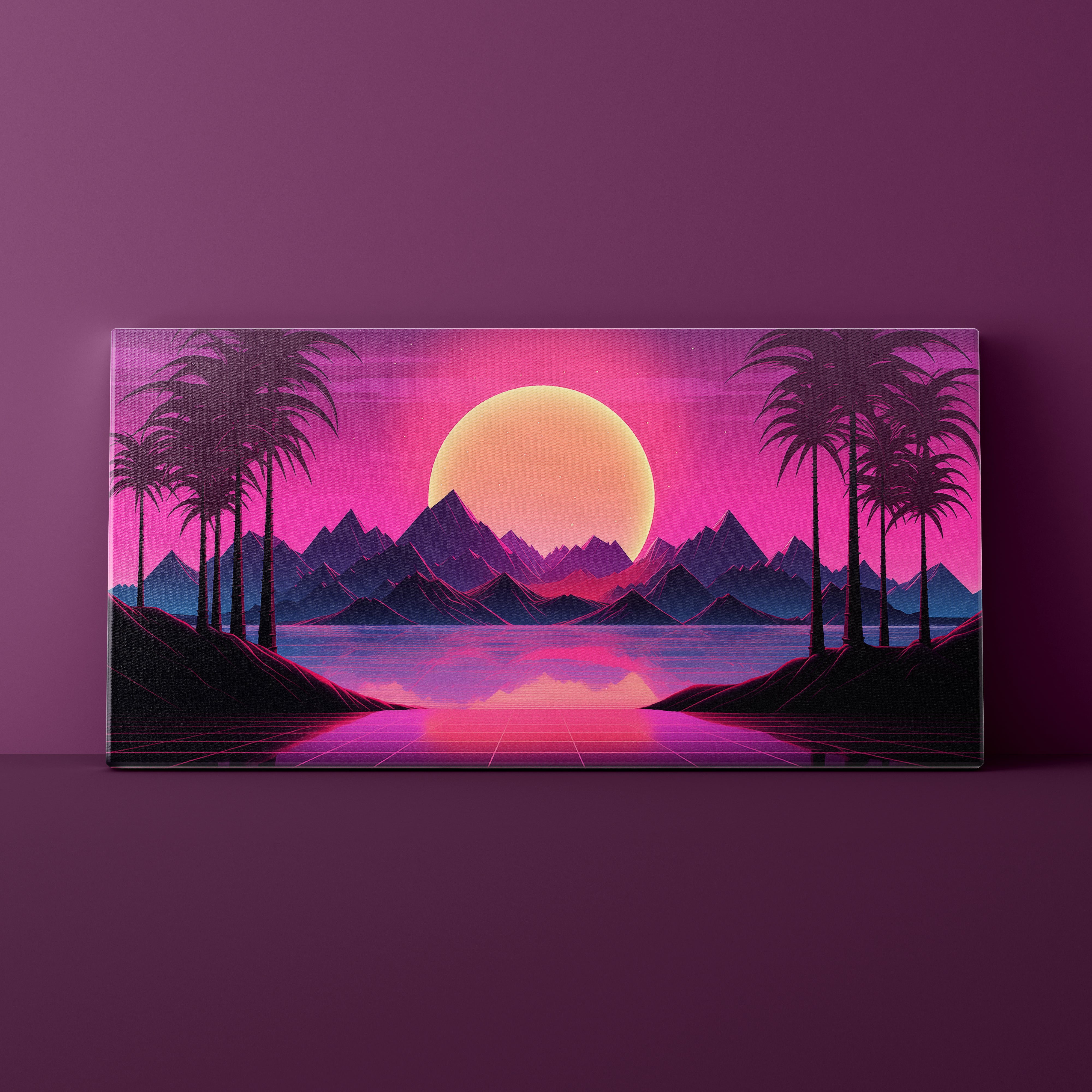 Surreal landscape with palm trees, mountains, and a large sun on a purple background