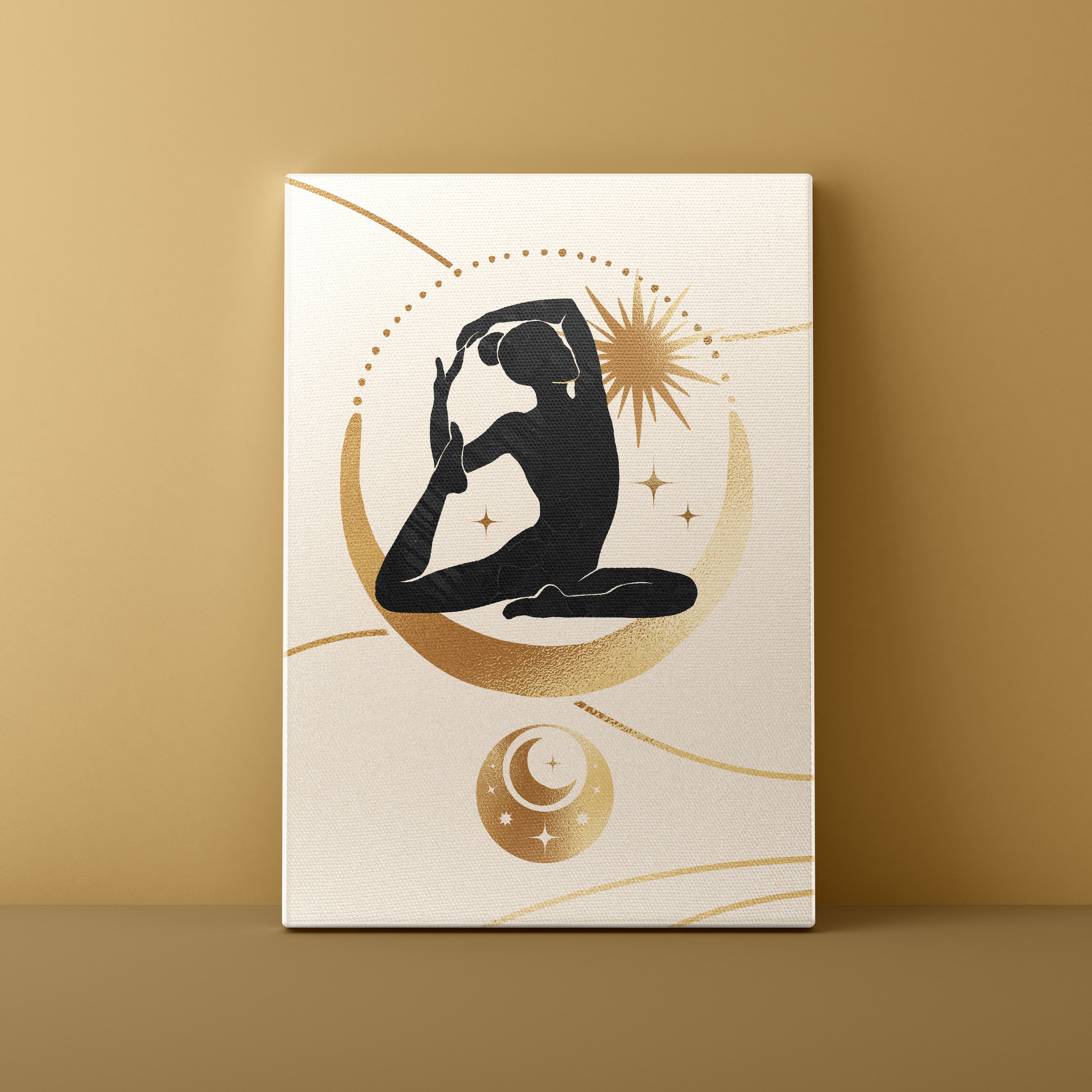 Canvas print with a black silhouette of a person in a yoga pose on a beige background