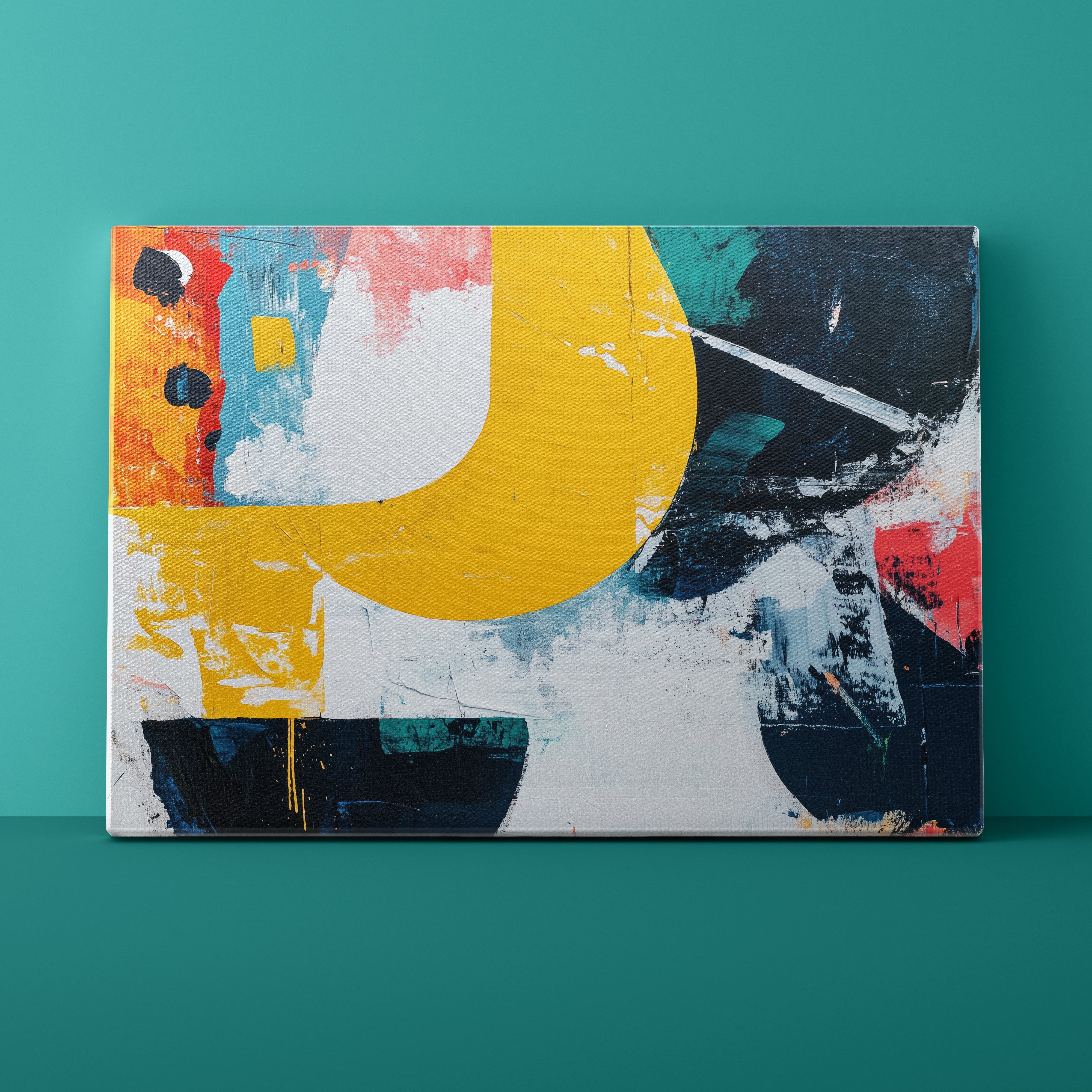 Abstract art canvas with a large yellow circle on a teal background