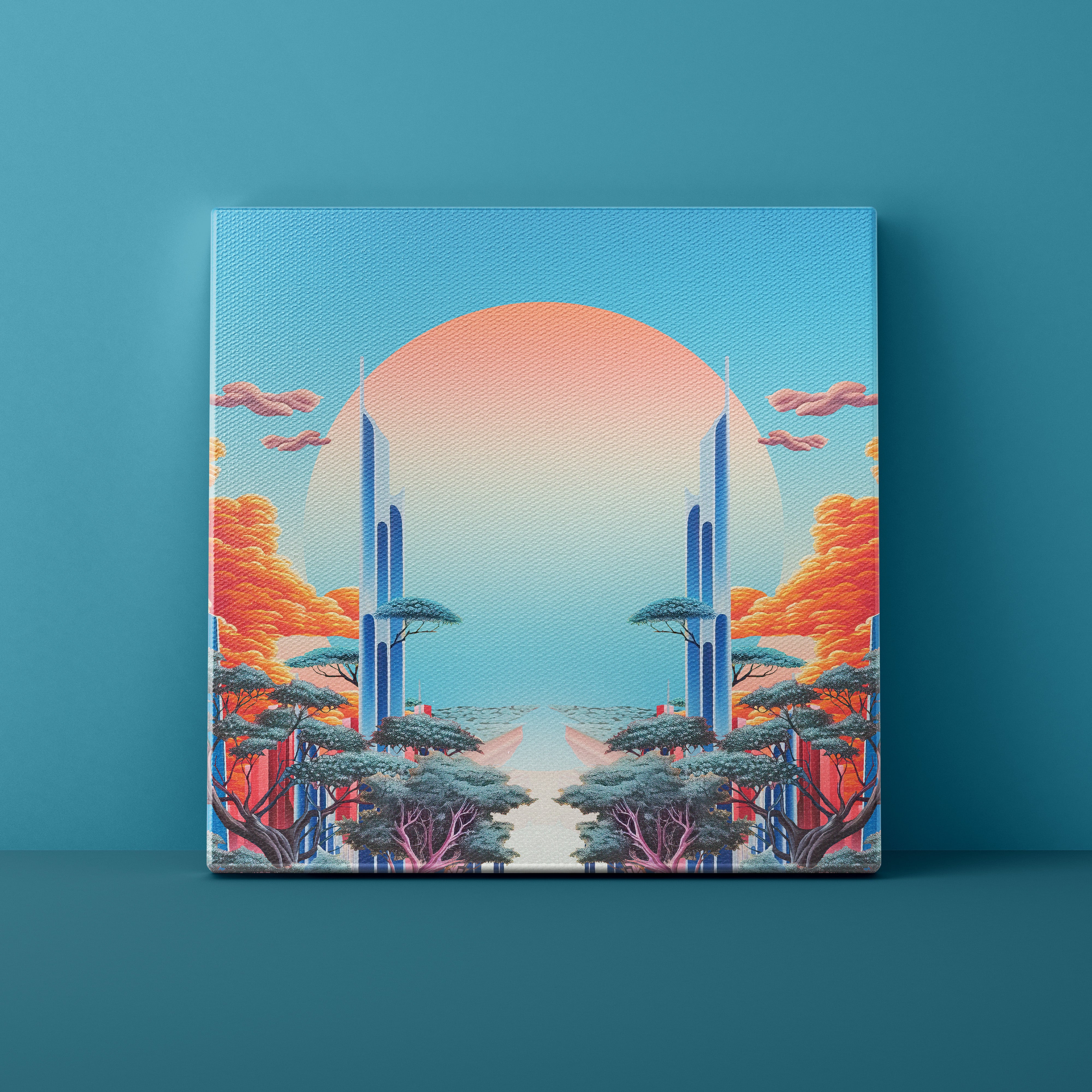 Canvas print of a futuristic landscape with trees and a large orange sun on a blue background