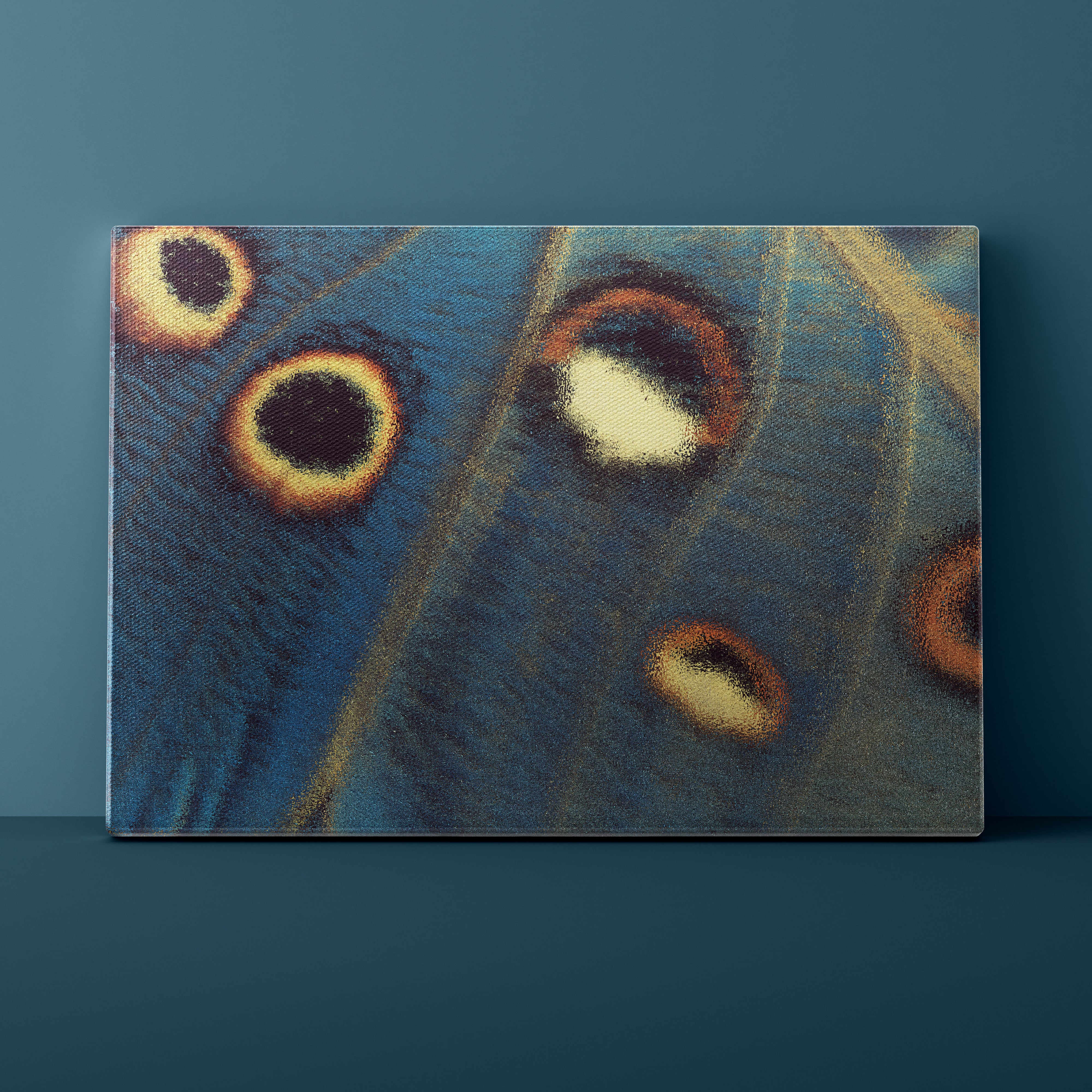 Close-up of a butterfly wing with eye spots on a blue background