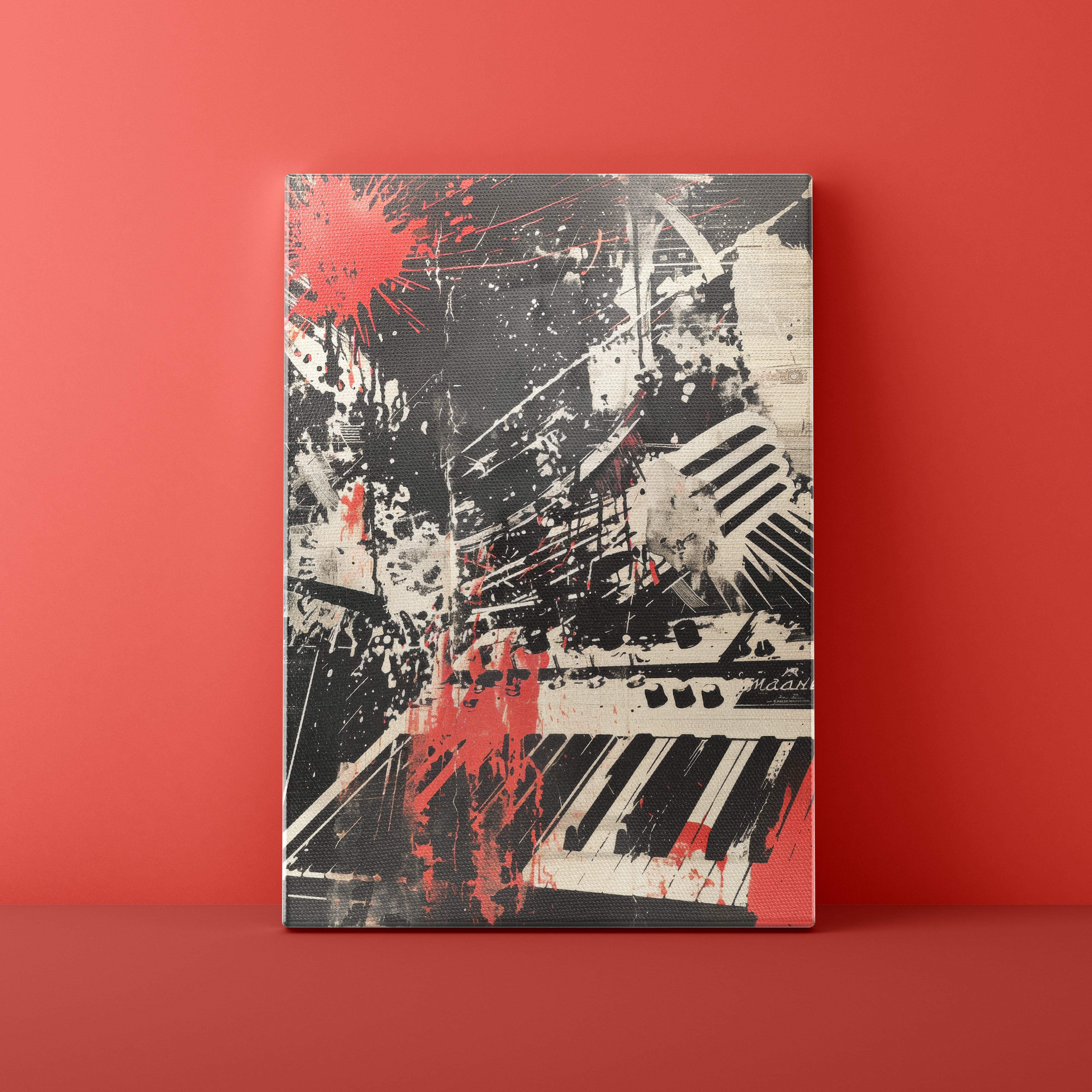 Abstract art print with black, white, and red splashes on a red background