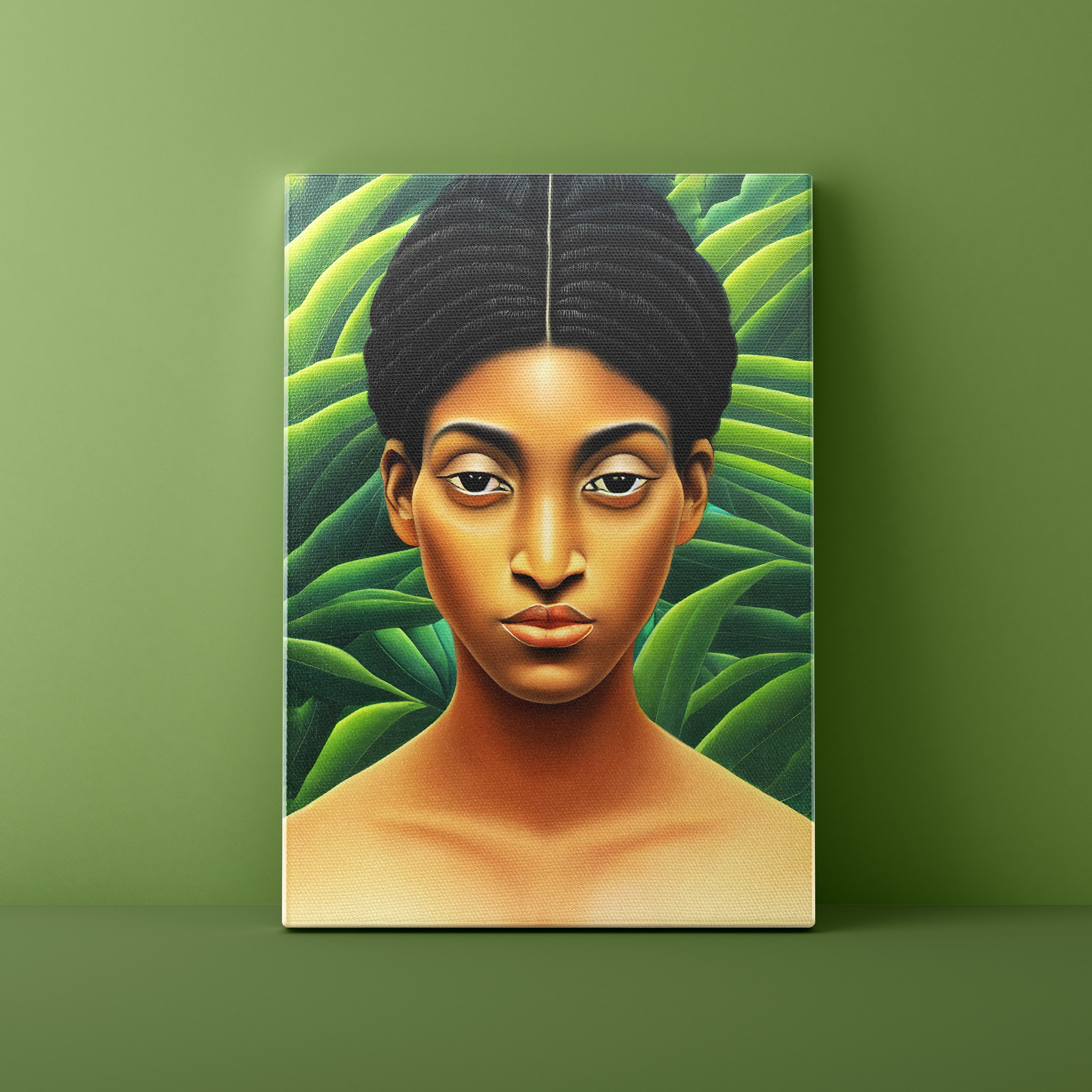 Canvas print of a woman's portrait with green leafy background on a green wall