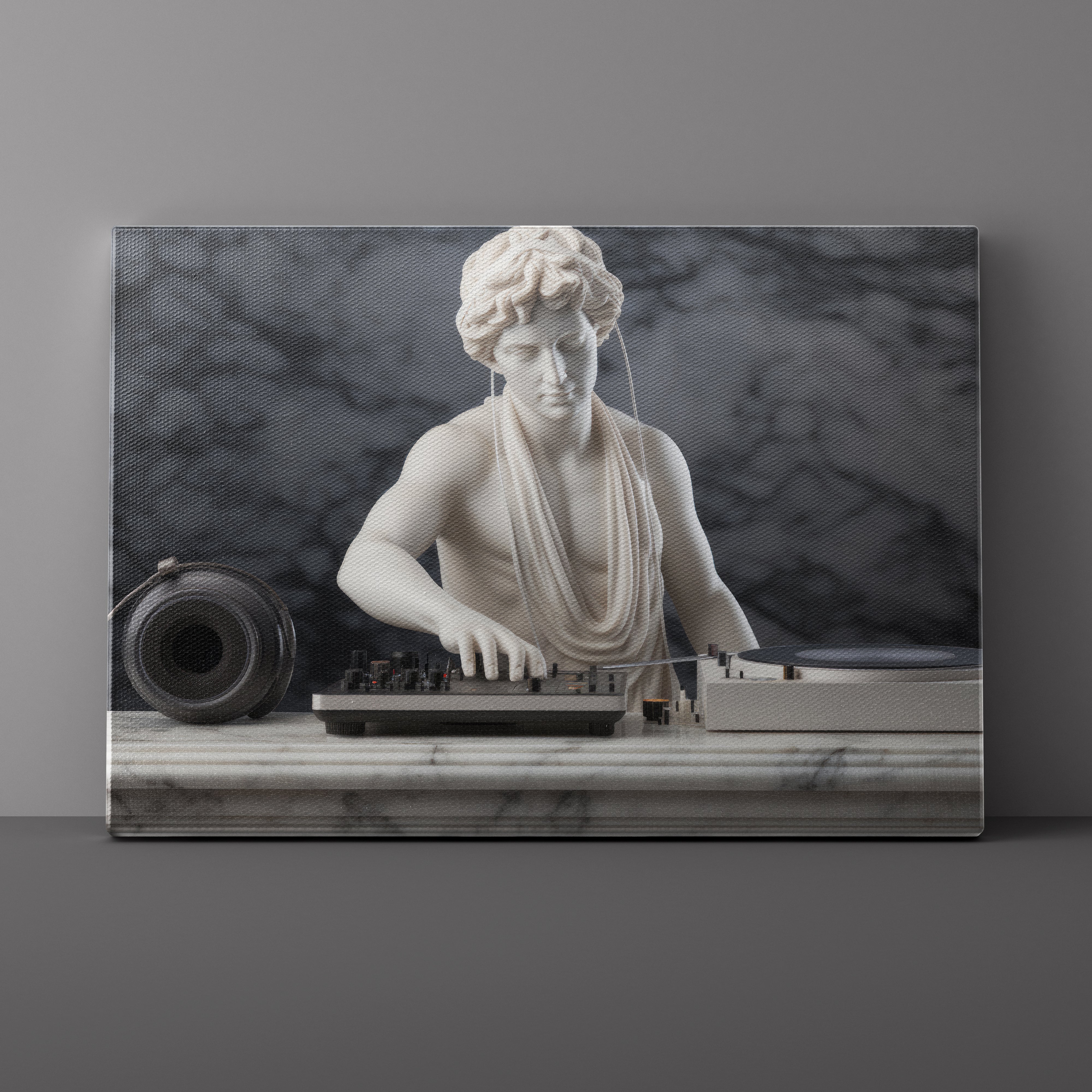 Statue of a classical figure using modern DJ equipment on a marble surface with a dark background