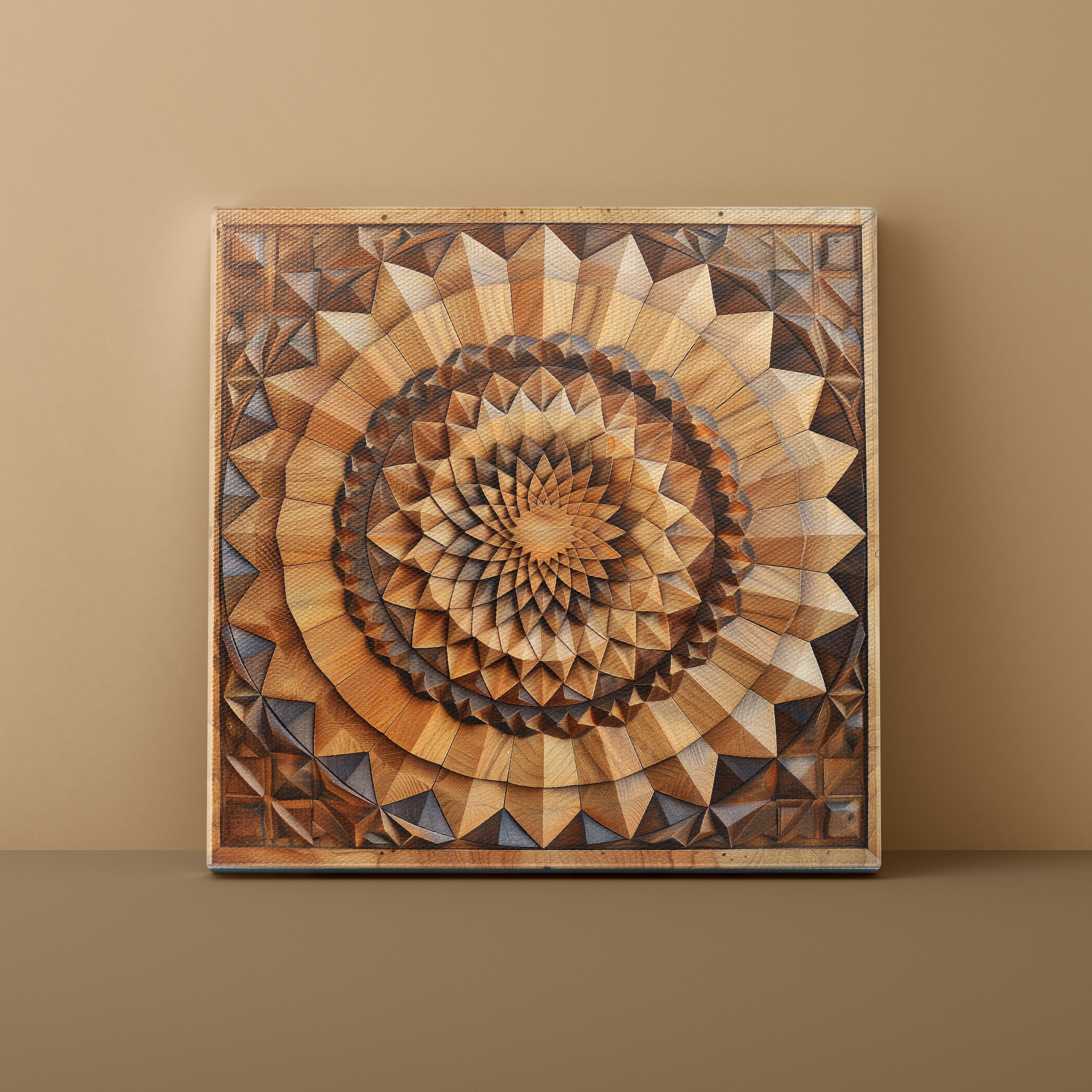 Wooden wall art with geometric pattern on a beige wall