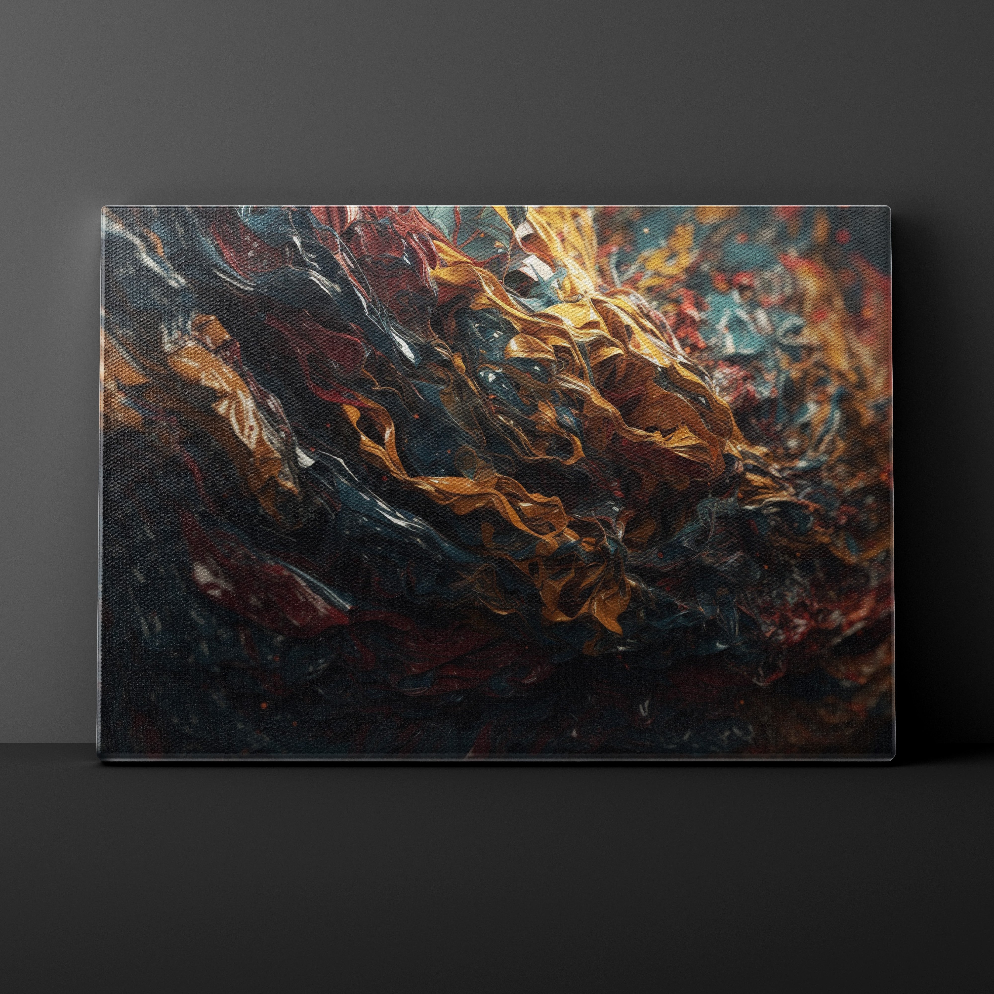 Abstract art piece with swirling colors on a dark background