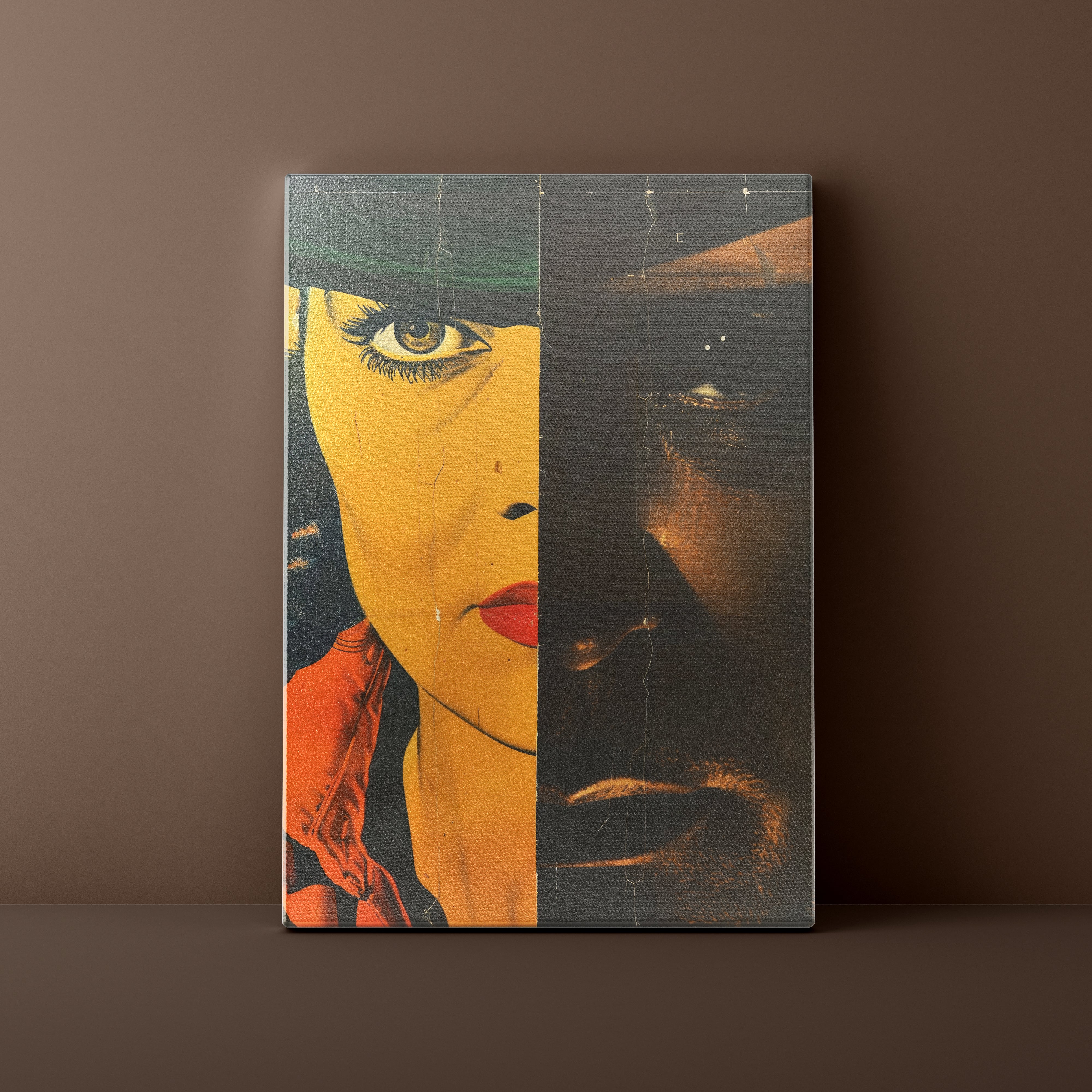 Surreal artwork of a woman's face with a dark background on a brown surface