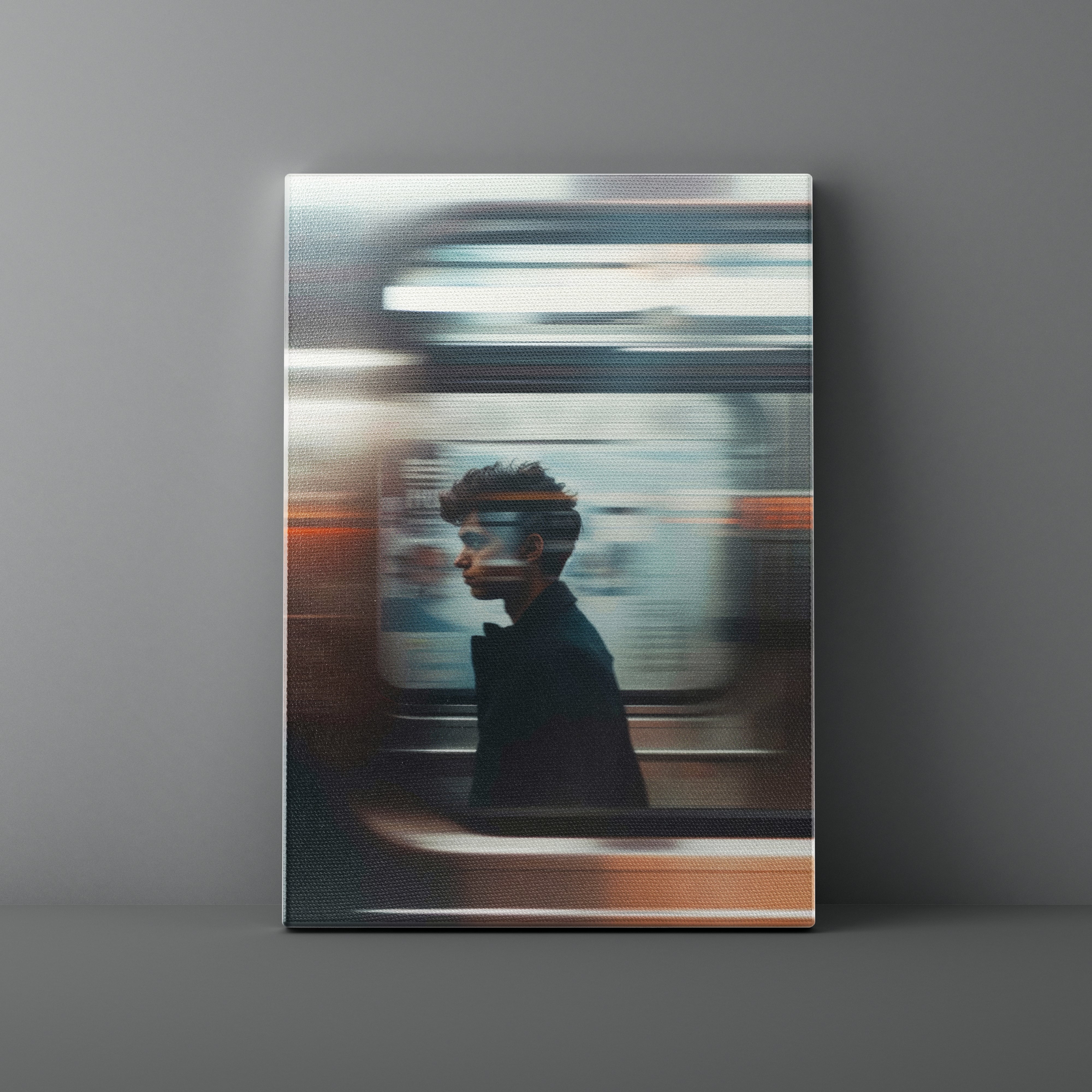 Framed photograph of a person on a subway train against a gray wall