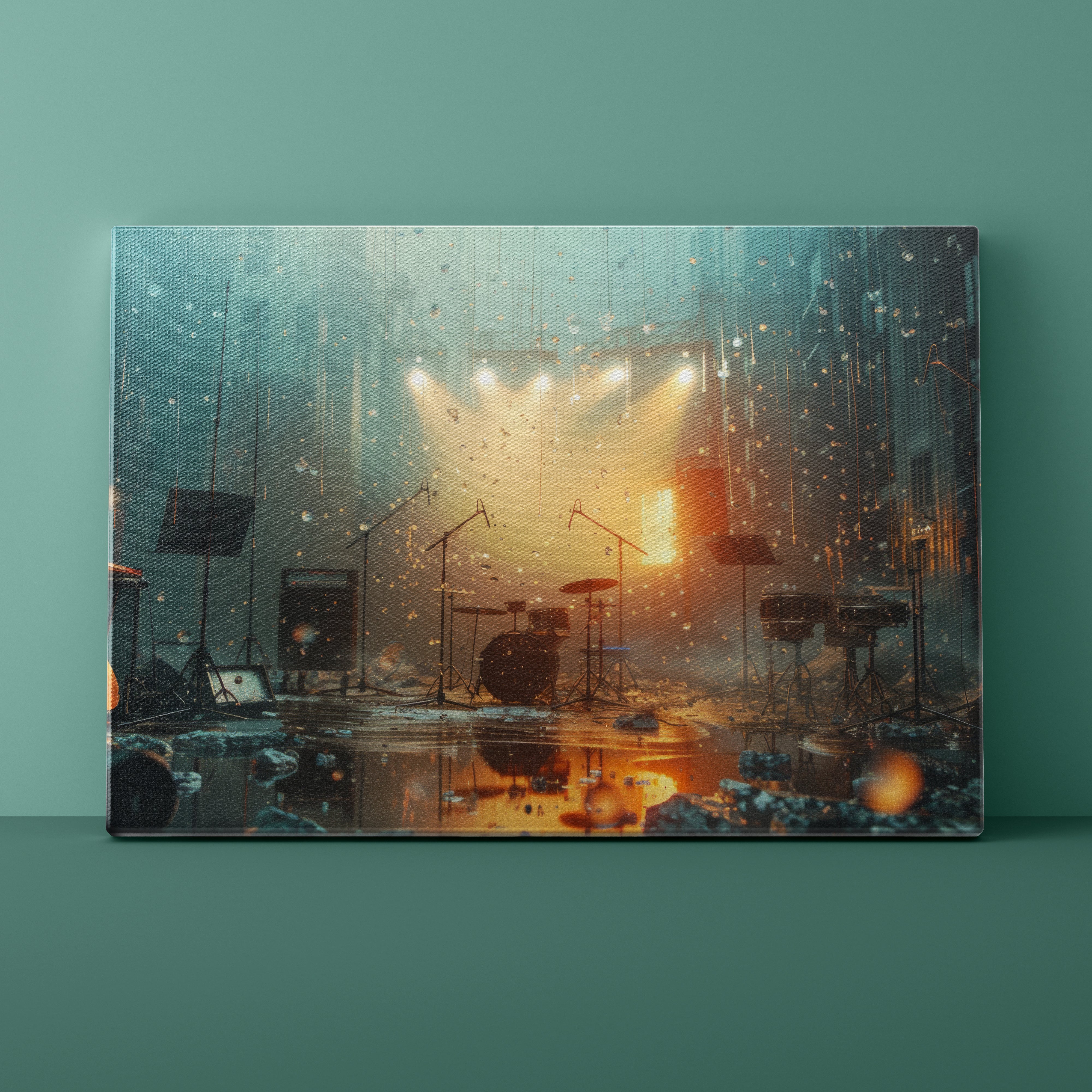 Canvas print of a wet stage with musical instruments and lights on a teal wall.