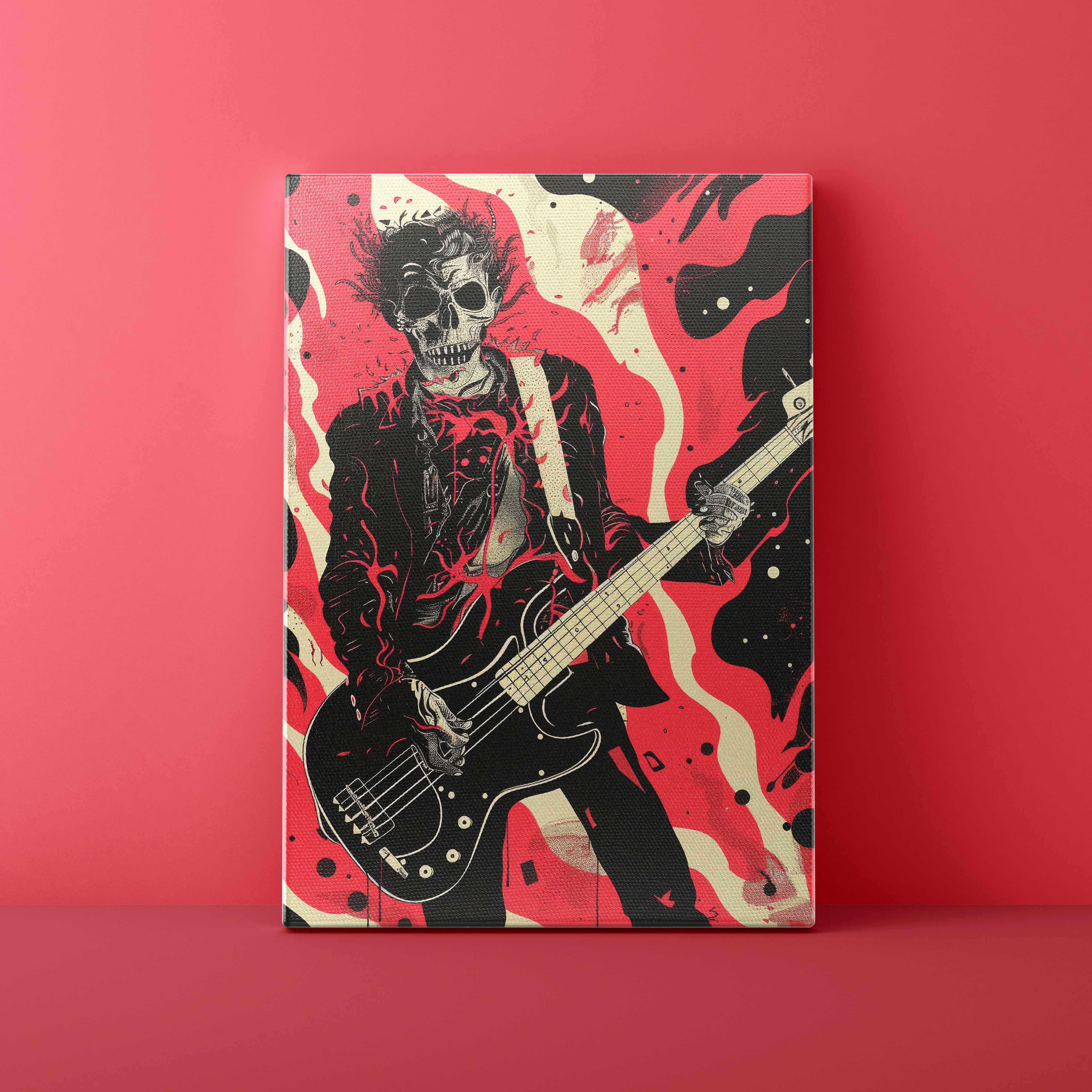 Canvas print with a stylized illustration of a skeleton playing a guitar on a red background