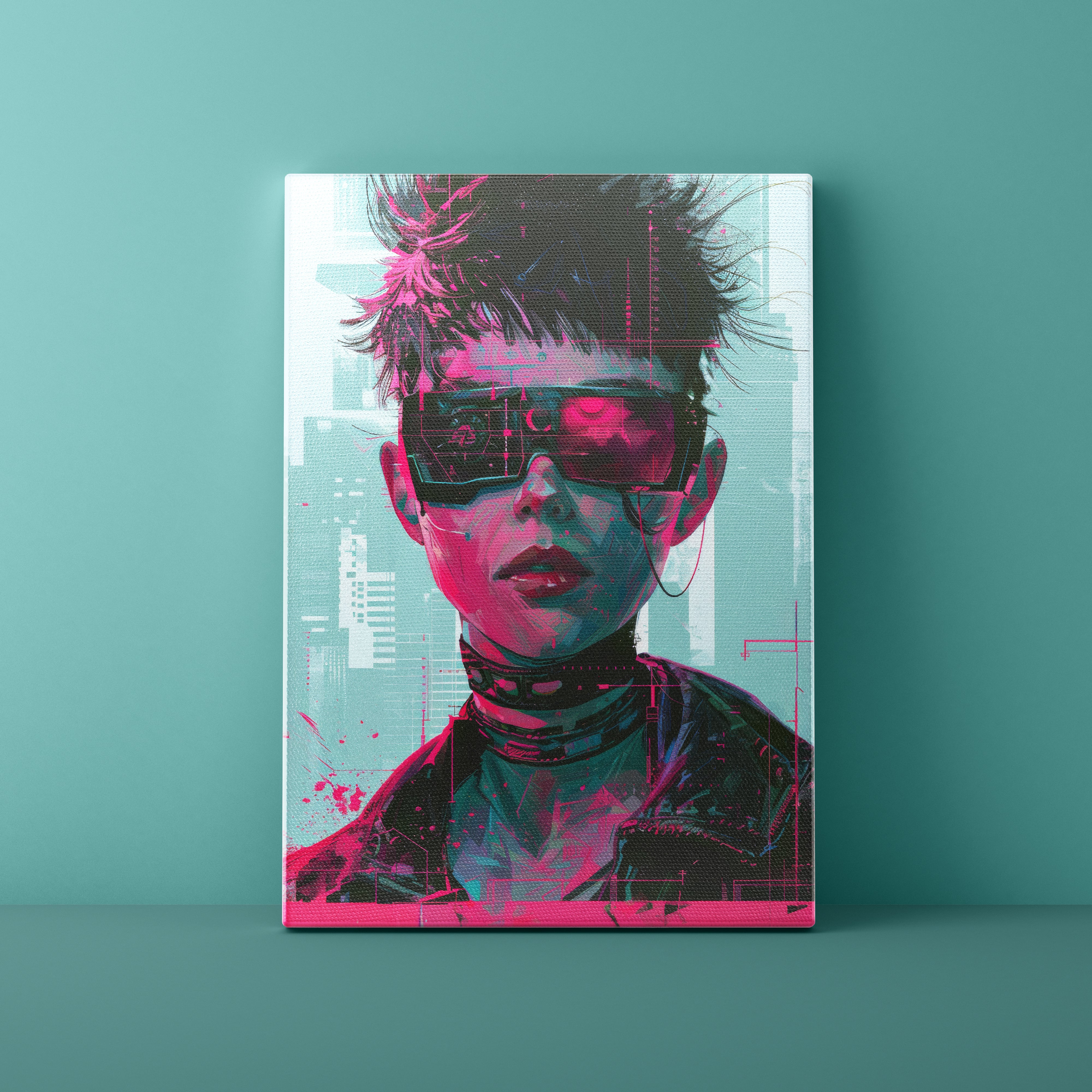 Canvas print of a futuristic character with sunglasses on a teal background