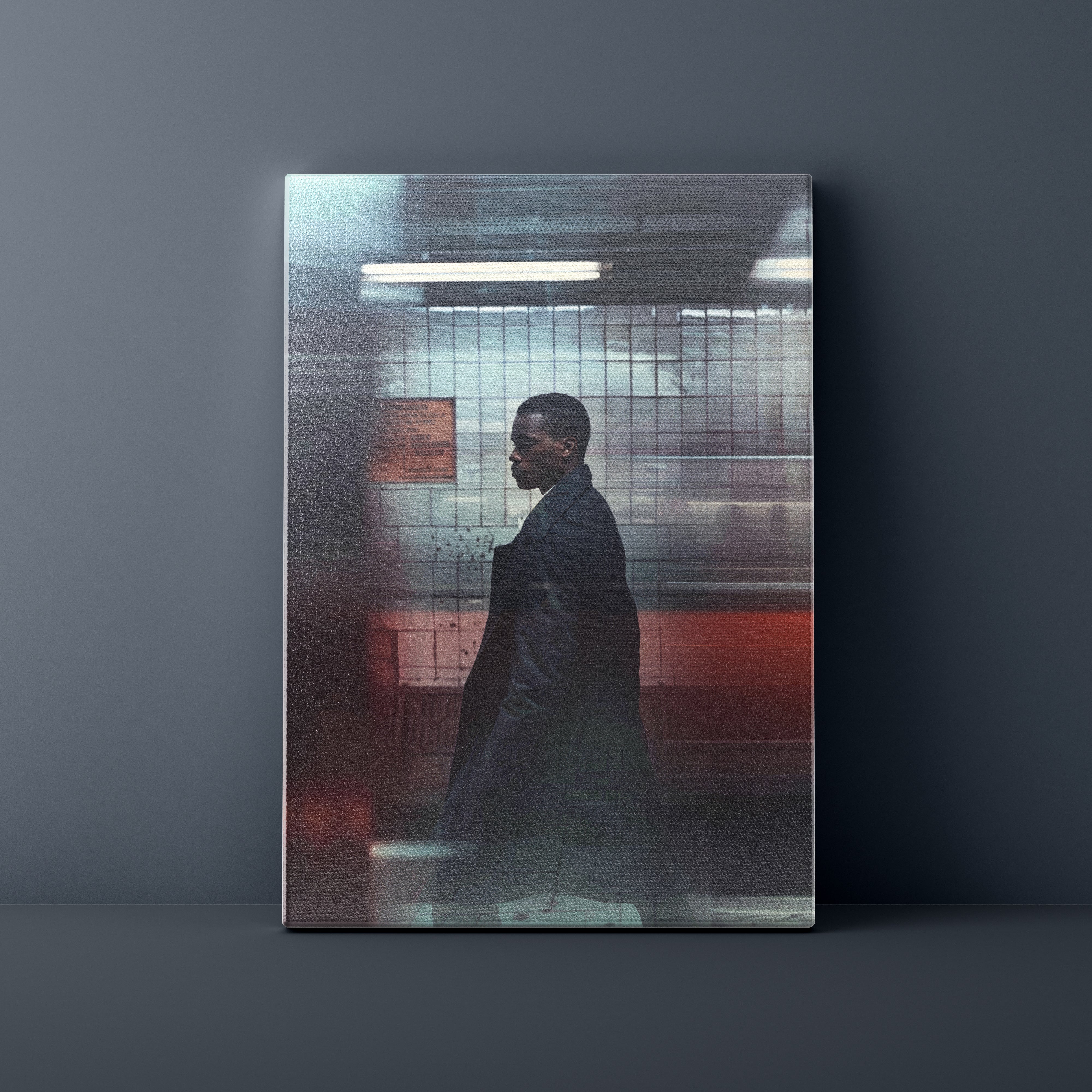 Man sitting on a bench in a subway station with a reflective surface