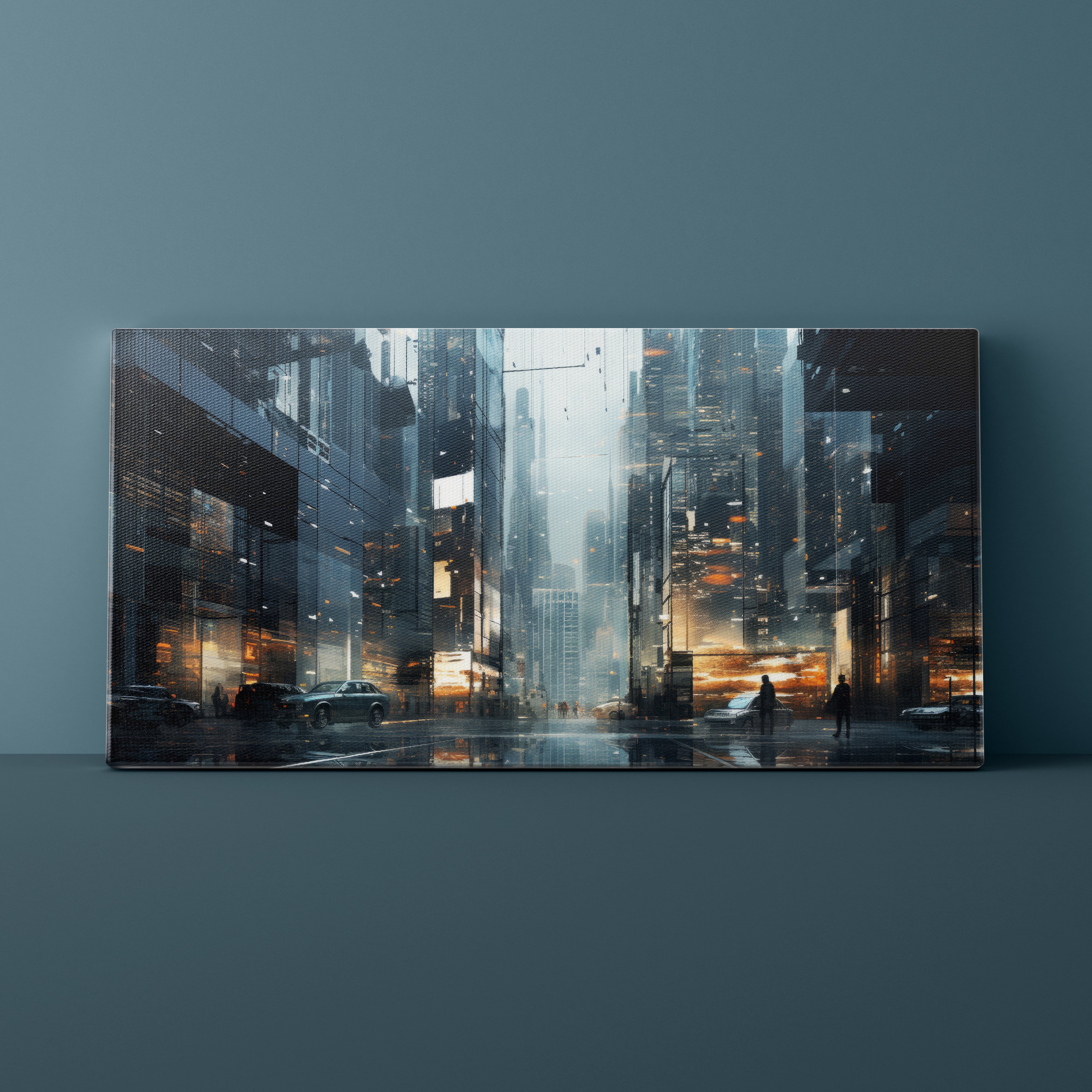 Futuristic cityscape painting on a dark blue wall