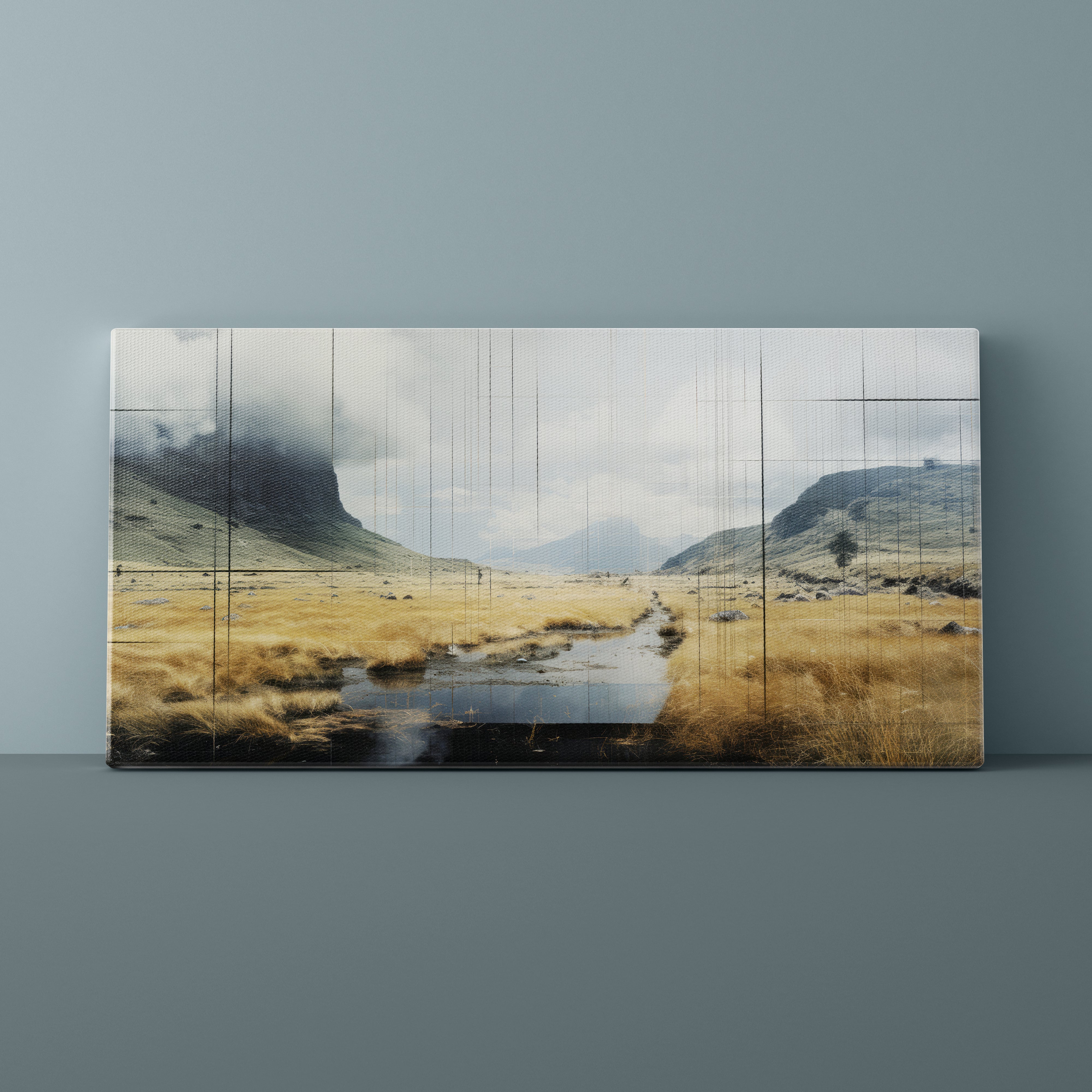 Large wall art of a landscape with mountains and a river on a gray wall.