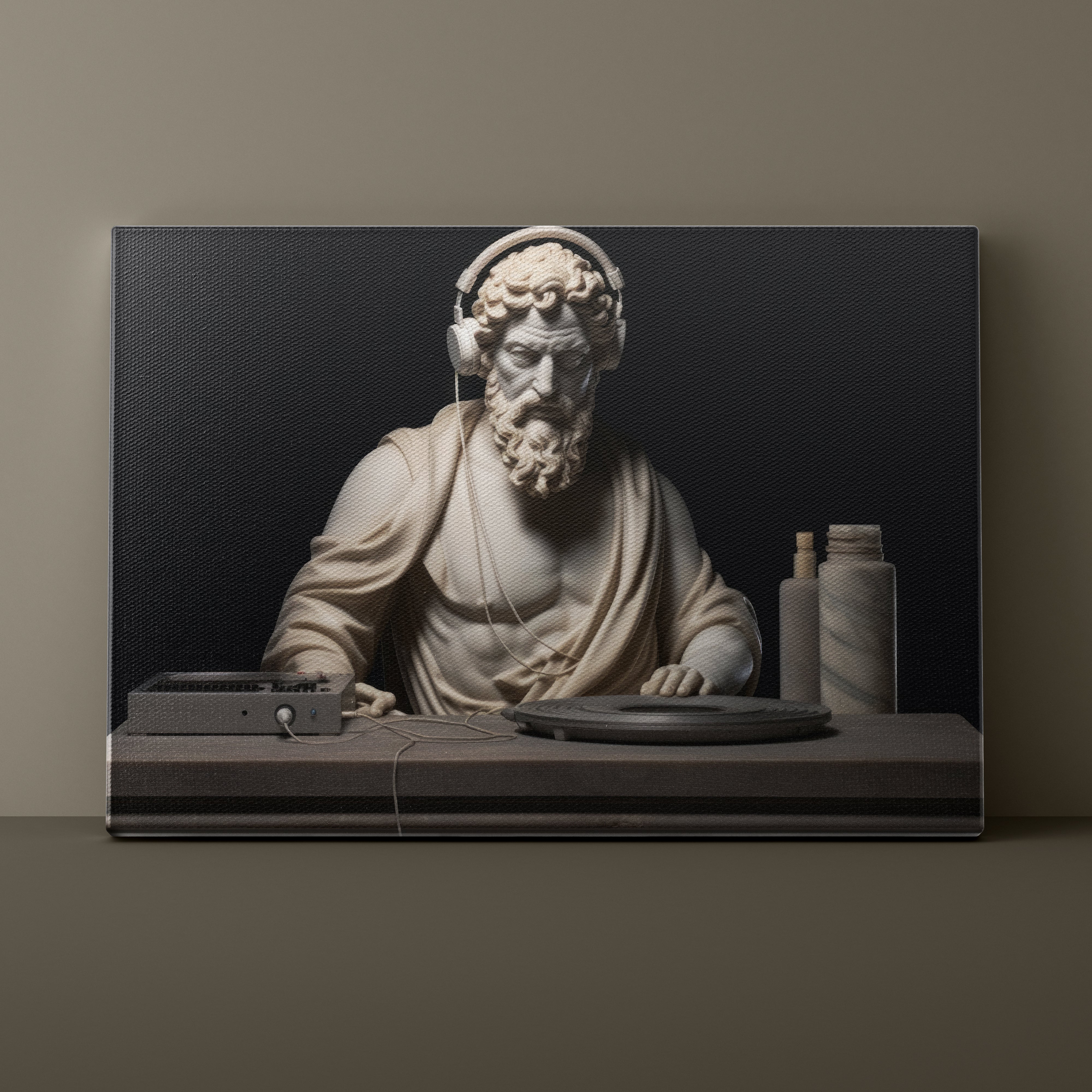 Statue of a bearded man with headphones using DJ equipment on a dark background